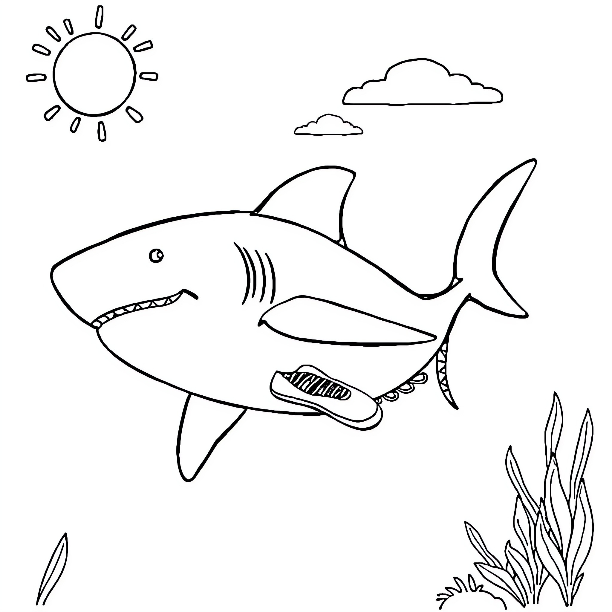 Shark swimming in the ocean Coloring Page (free black-and-white line drawing printable PDF for all, from beginners to advanced learners, including children, teens, adults, and seniors)