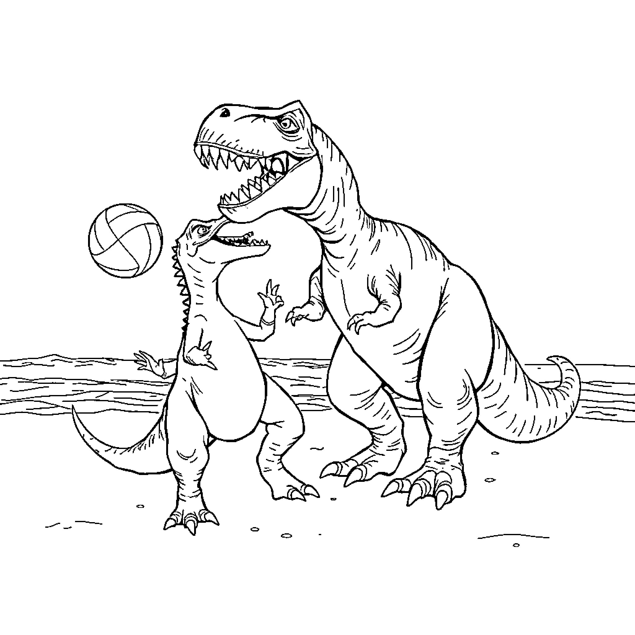 Baryonyx playing with ball in the wild Coloring Page (free black-and-white line drawing printable PDF for all, from beginners to advanced learners, including children, teens, adults, and seniors)
