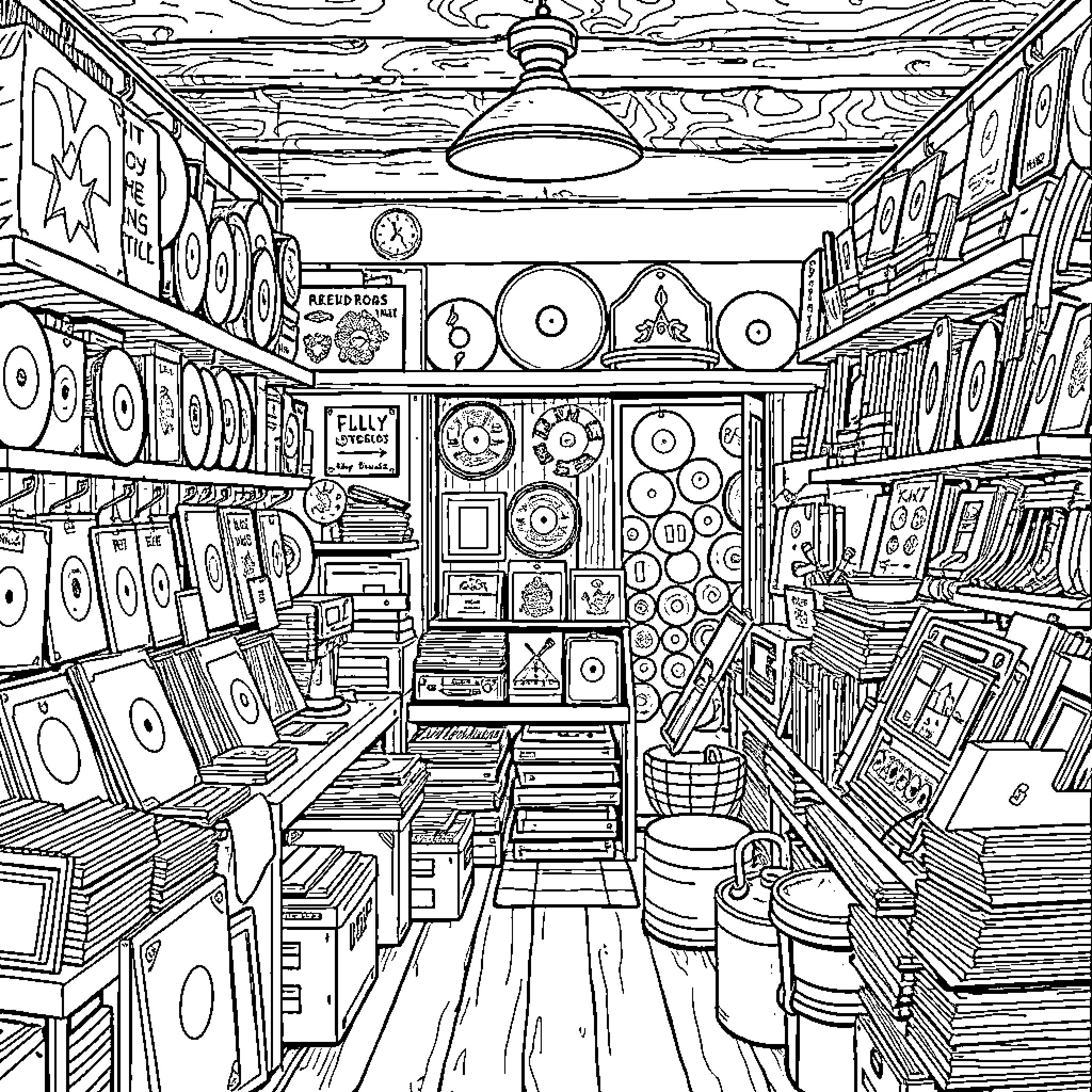 Record Store Filled with Diverse Music Collection Coloring Page (free black-and-white line drawing printable PDF for all, from beginners to advanced learners, including children, teens, adults, and seniors)