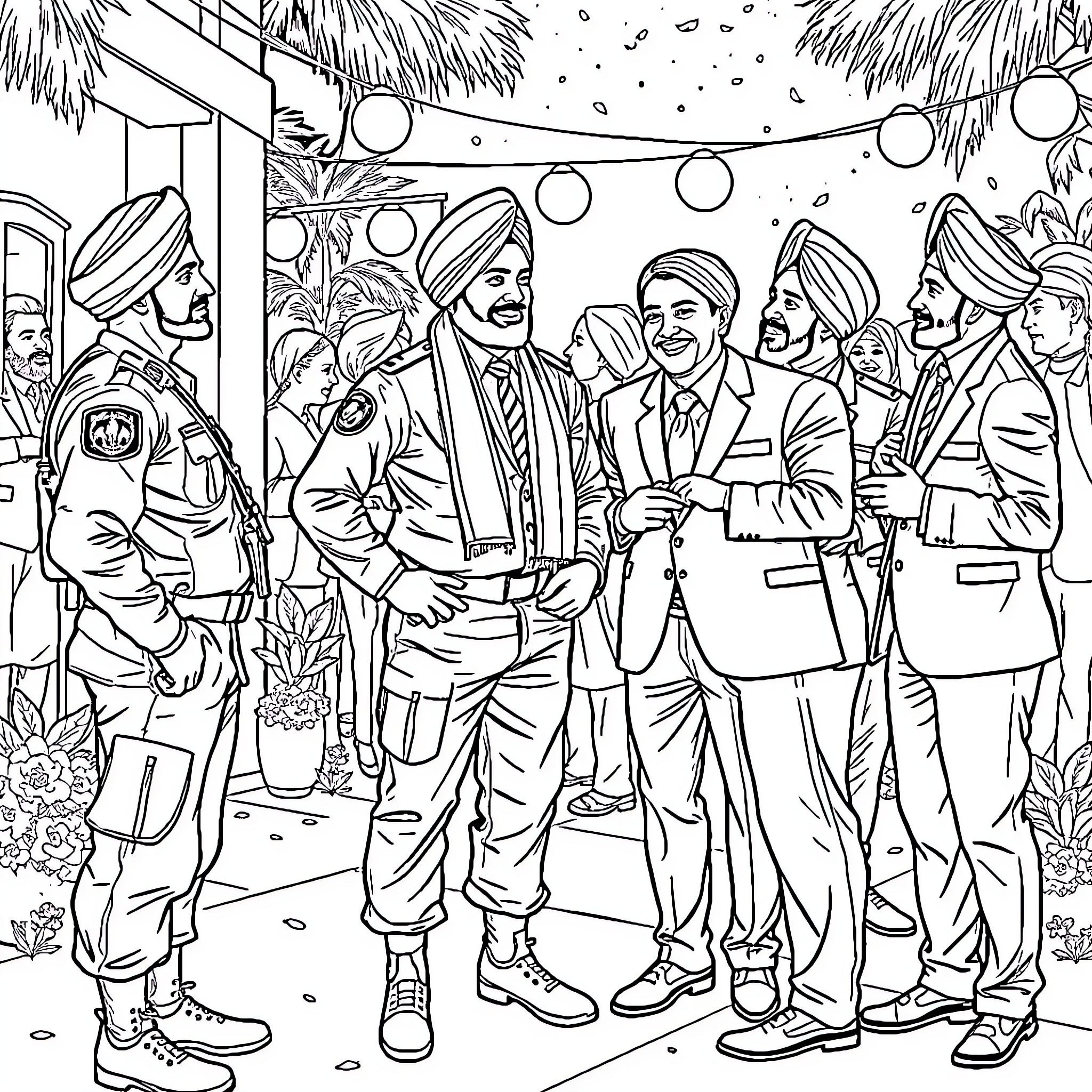 Soldier Interacting with Community in Festive Setting Coloring Page (free black-and-white line drawing printable PDF for all, from beginners to advanced learners, including children, teens, adults, and seniors)