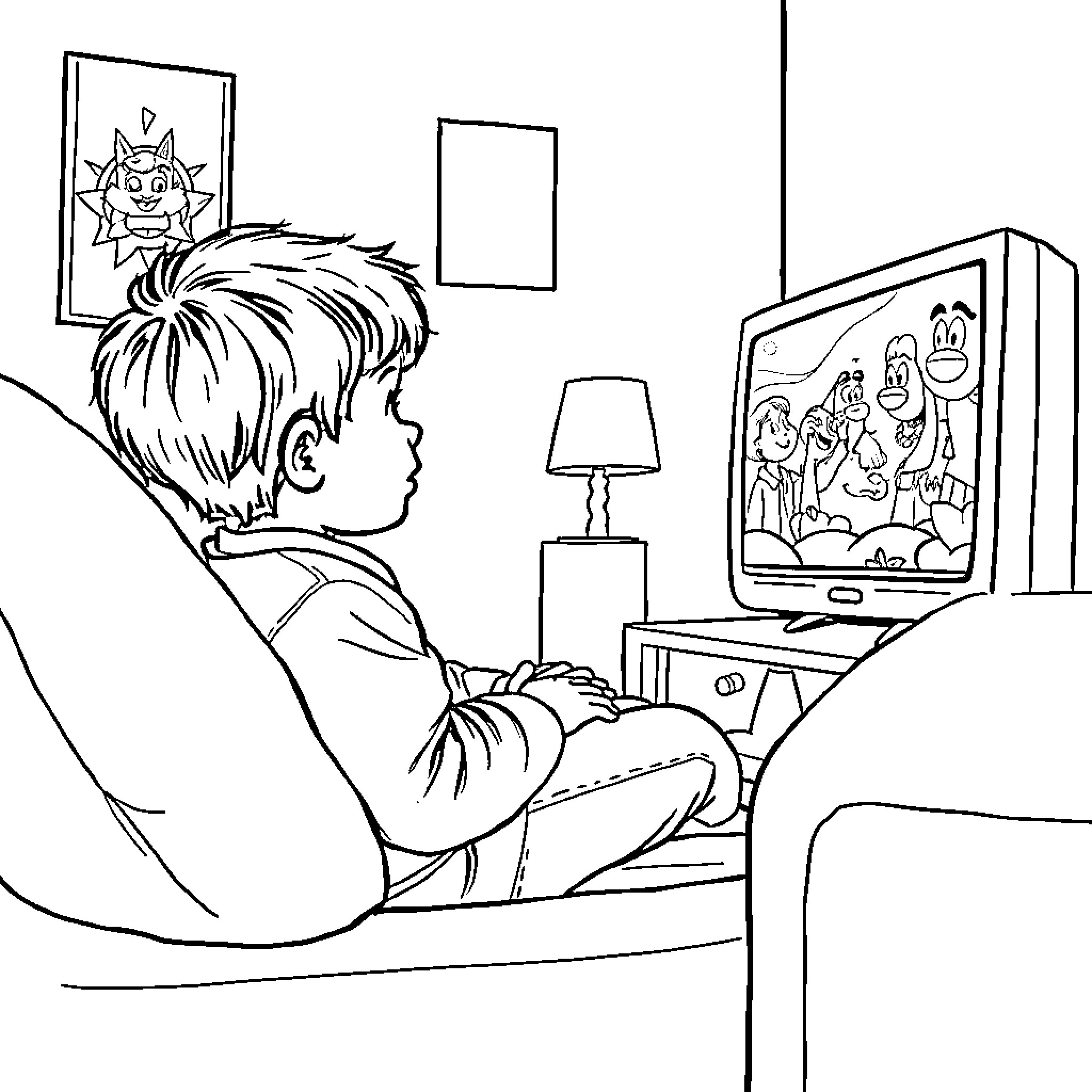 Child enjoying a television program Coloring Page (free black-and-white line drawing printable PDF for all, from beginners to advanced learners, including children, teens, adults, and seniors)
