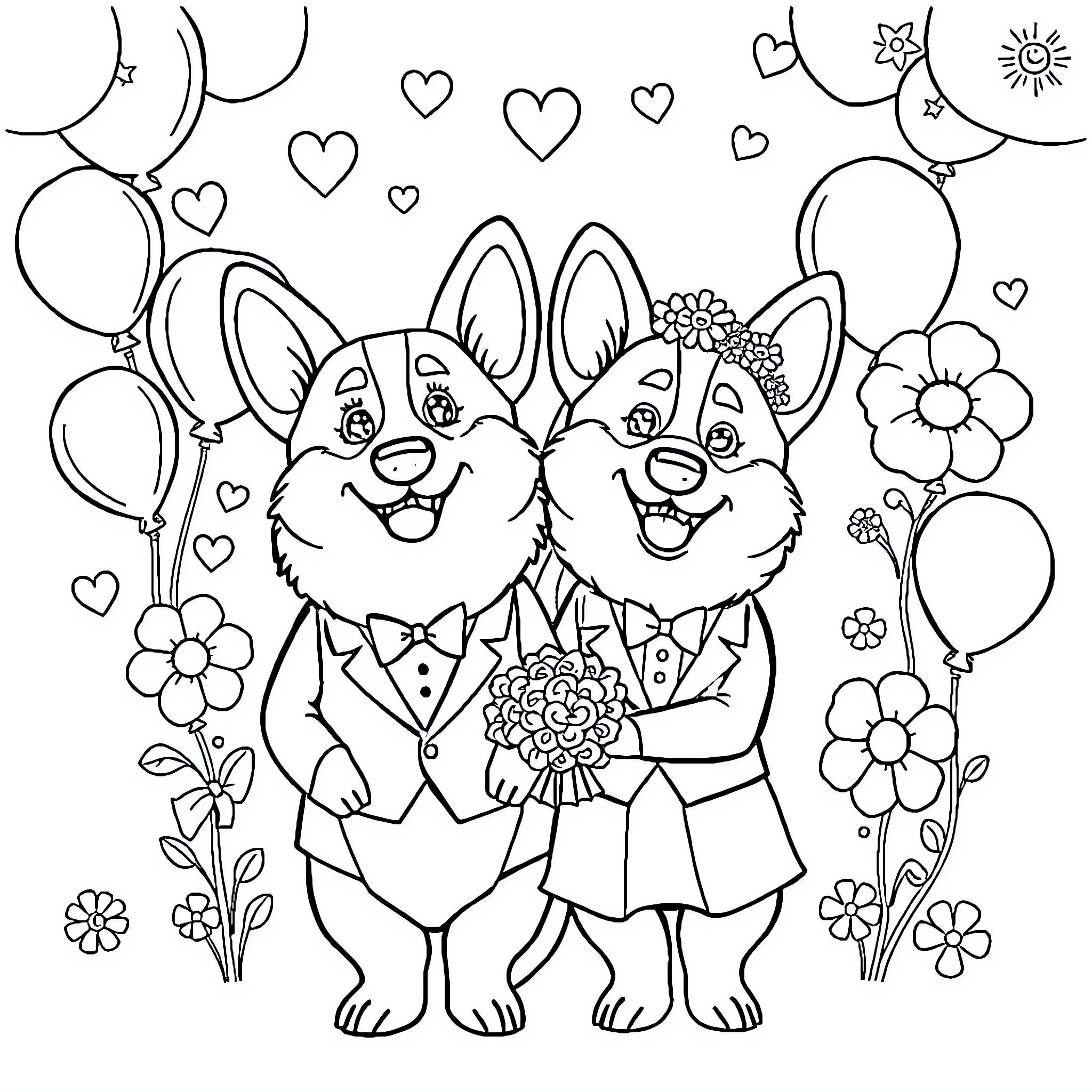 Corgi couple celebrating with balloons and flowers Coloring Page (free black-and-white line drawing printable PDF for all, from beginners to advanced learners, including children, teens, adults, and seniors)