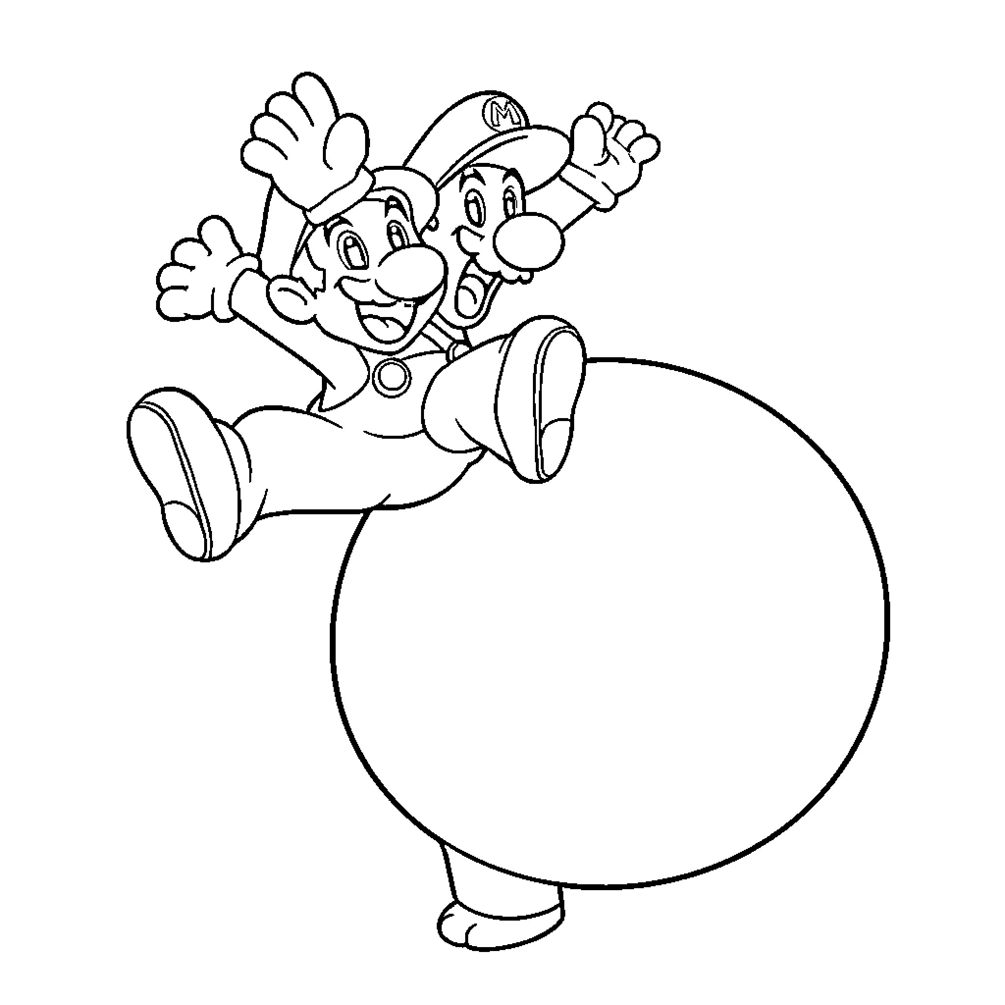 Super Mario Jumping Excitedly with Large Sphere Coloring Page (free black-and-white line drawing printable PDF for all, from beginners to advanced learners, including children, teens, adults, and seniors)