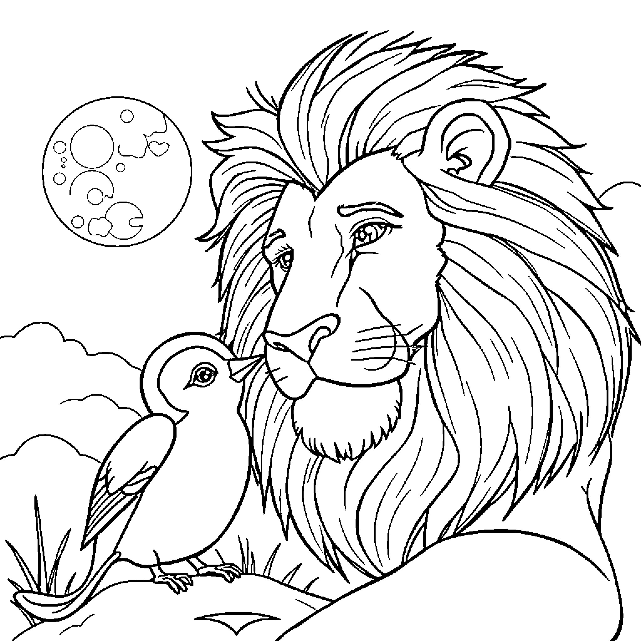 Lion gazing at the night sky with bird companion Coloring Page (free black-and-white line drawing printable PDF for all, from beginners to advanced learners, including children, teens, adults, and seniors)