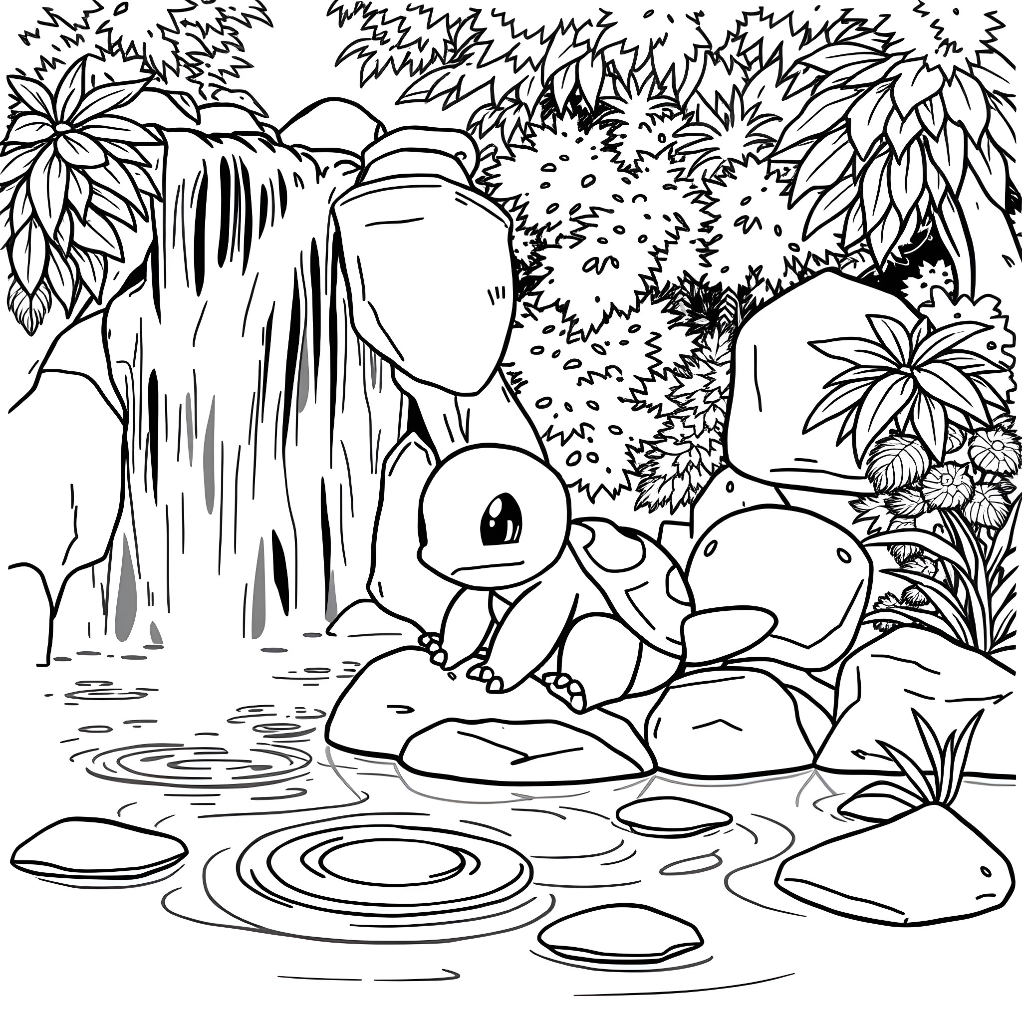 Squirtle Exploring a Lush Waterfall Landscape Coloring Page (free black-and-white line drawing printable PDF for all, from beginners to advanced learners, including children, teens, adults, and seniors)