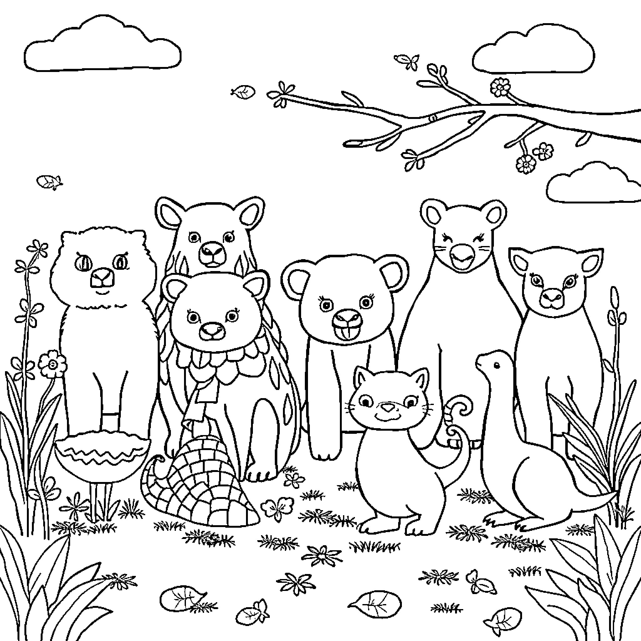 Animal friends exploring nature together Coloring Page (free black-and-white line drawing printable PDF for all, from beginners to advanced learners, including children, teens, adults, and seniors)