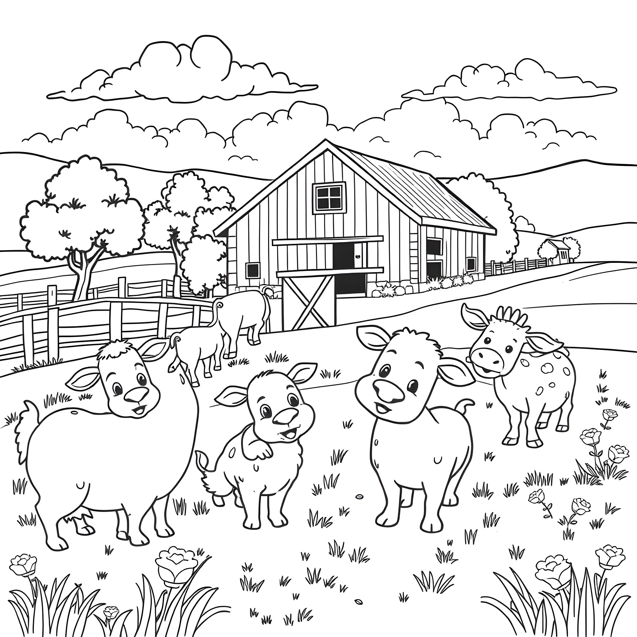 Animal Farm with Playful Baby Calves Coloring Page (free black-and-white line drawing printable PDF for all, from beginners to advanced learners, including children, teens, adults, and seniors)