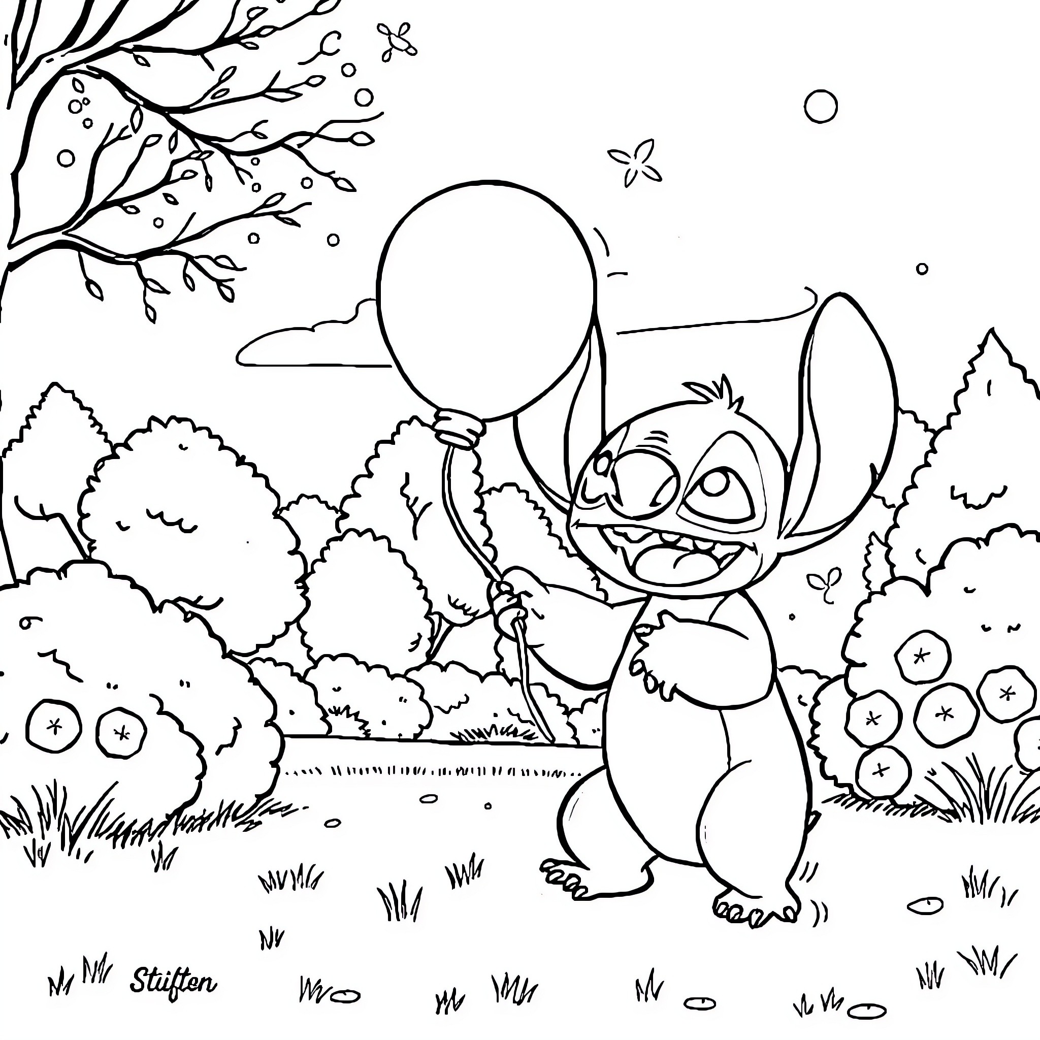 Stitch playing happily with a balloon in nature Coloring Page (free black-and-white line drawing printable PDF for all, from beginners to advanced learners, including children, teens, adults, and seniors)