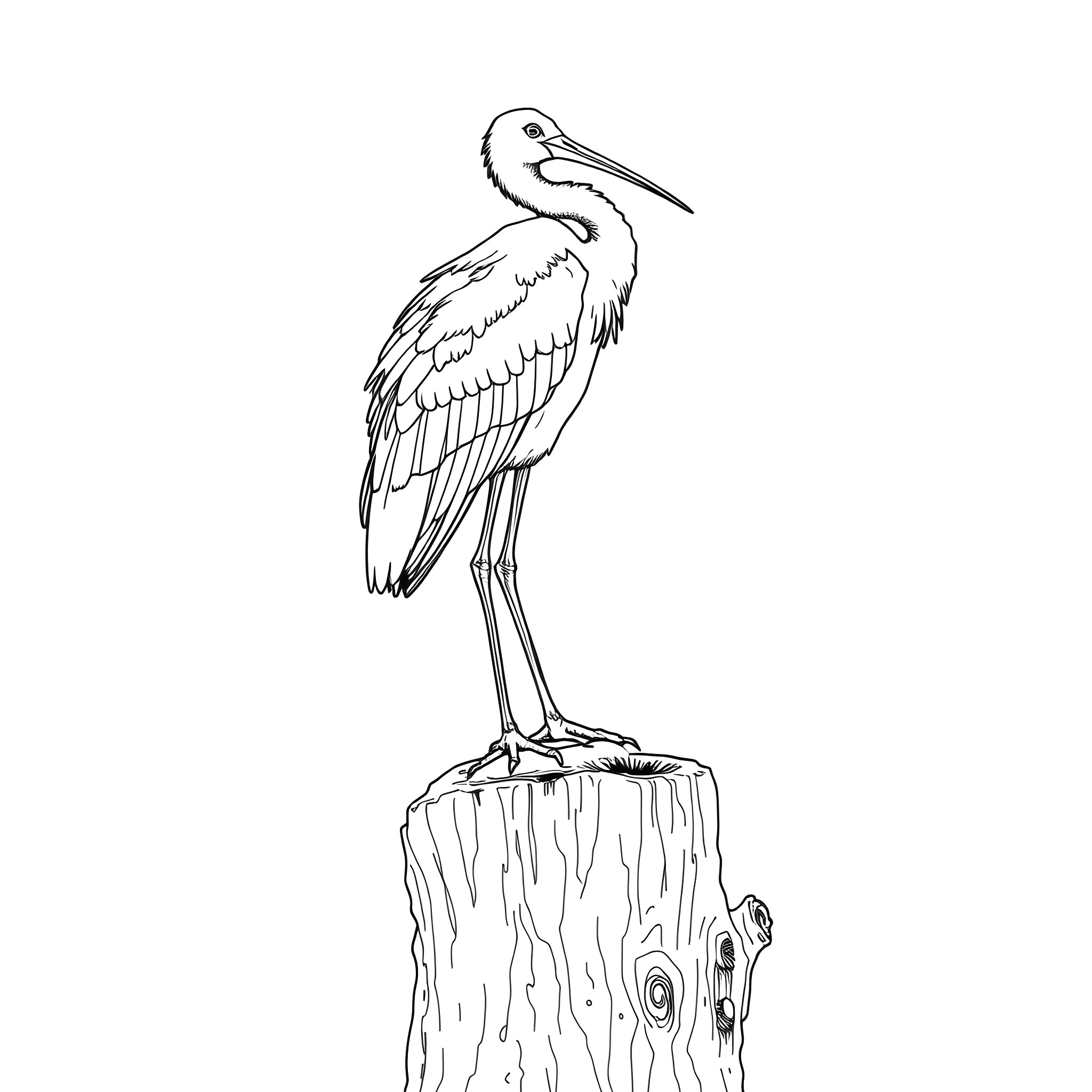 Ibis standing on a wooden post Coloring Page (free black-and-white line drawing printable PDF for all, from beginners to advanced learners, including children, teens, adults, and seniors)