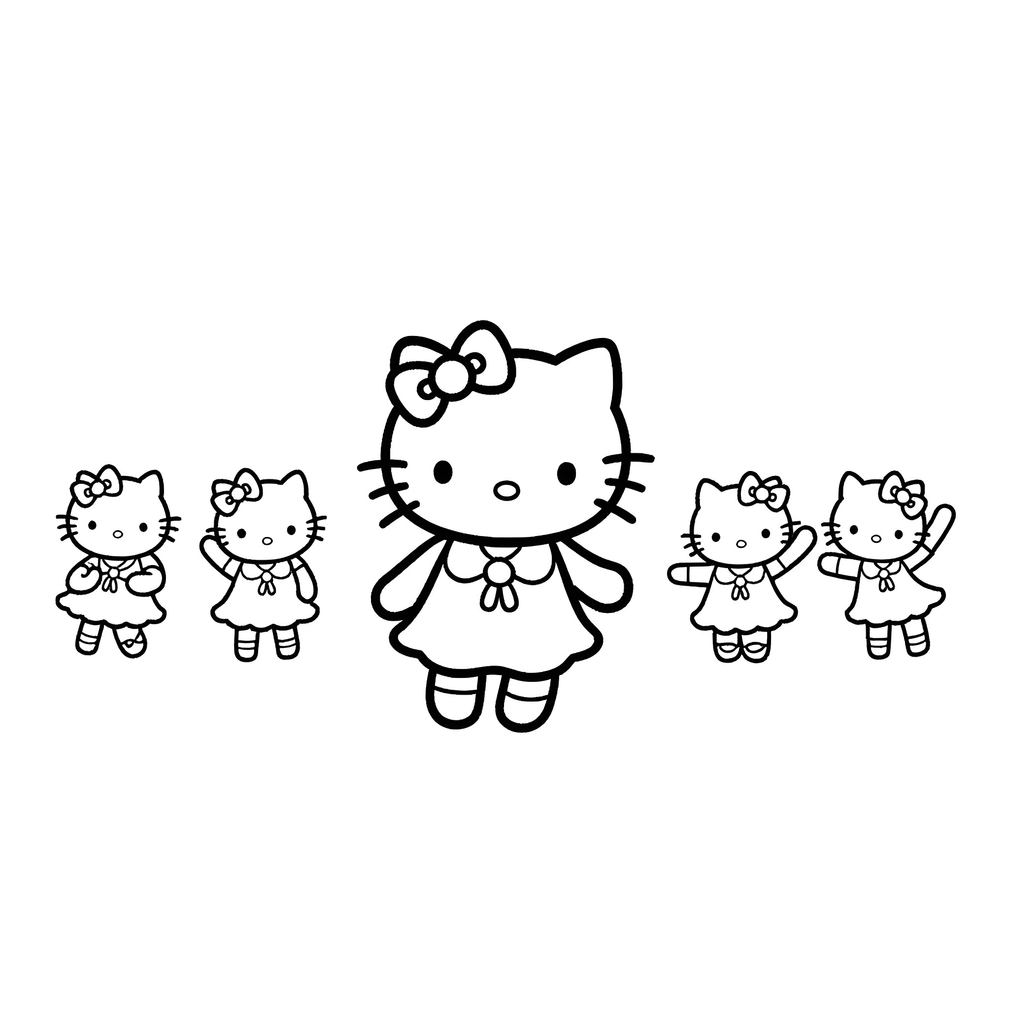 Hello Kitty and friends posing together Coloring Page (free black-and-white line drawing printable PDF for all, from beginners to advanced learners, including children, teens, adults, and seniors)