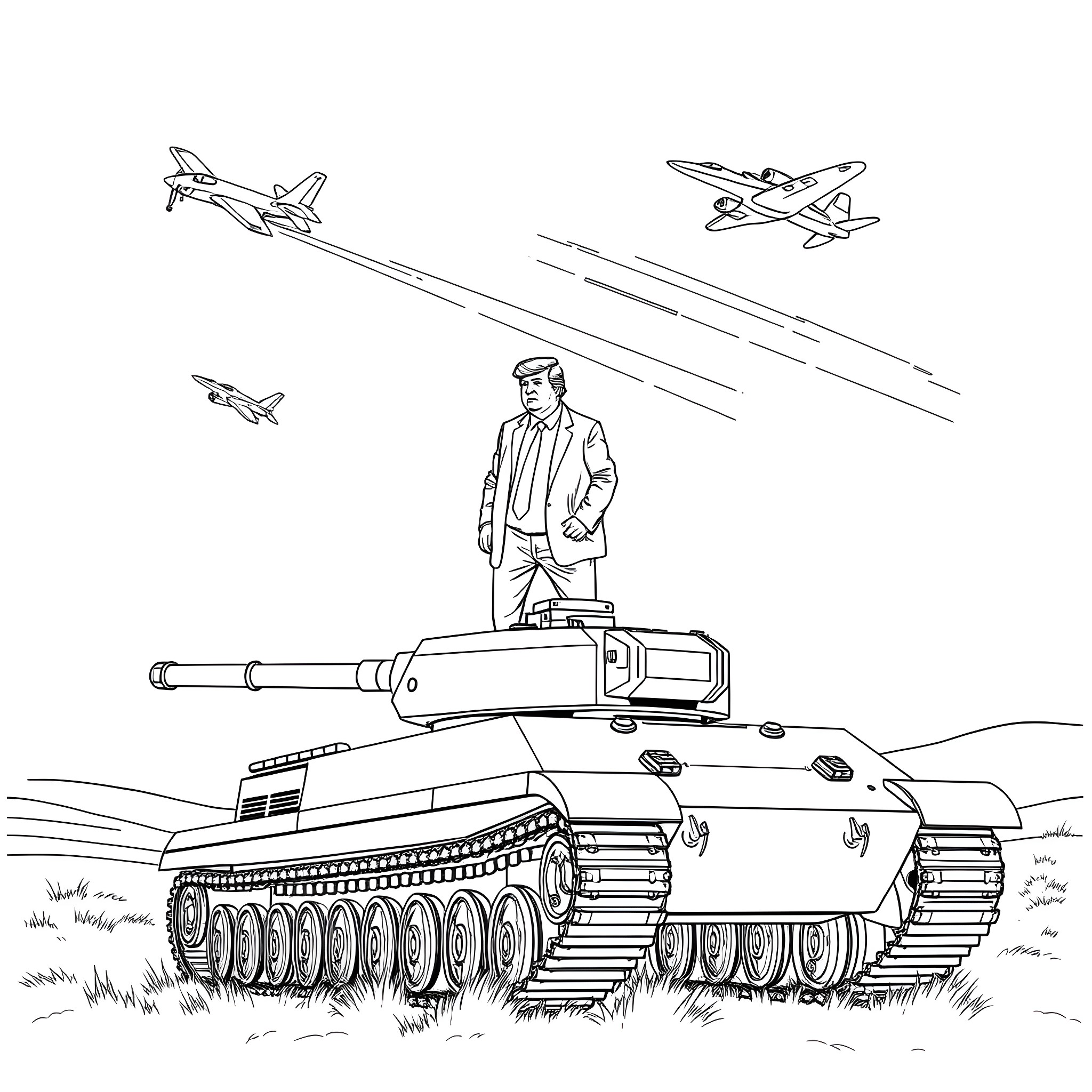Trump standing on a military tank with planes in the sky Coloring Page (free black-and-white line drawing printable PDF for all, from beginners to advanced learners, including children, teens, adults, and seniors)