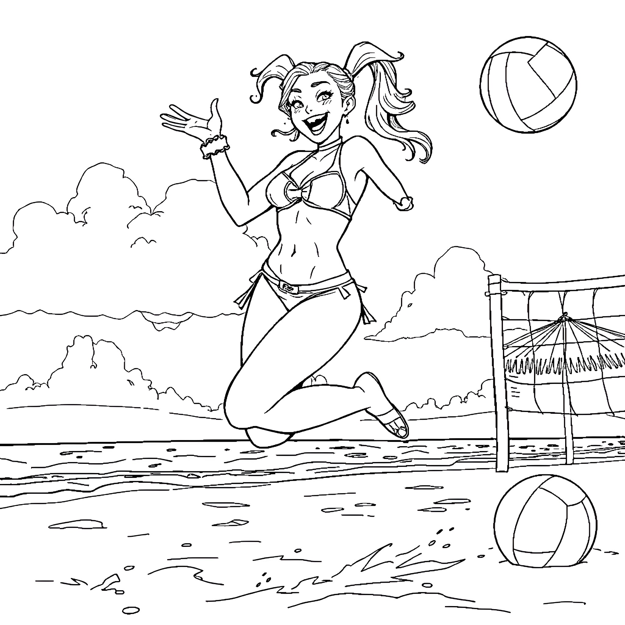 Harley Quinn playing beach volleyball in swimsuit Coloring Page (free black-and-white line drawing printable PDF for all, from beginners to advanced learners, including children, teens, adults, and seniors)