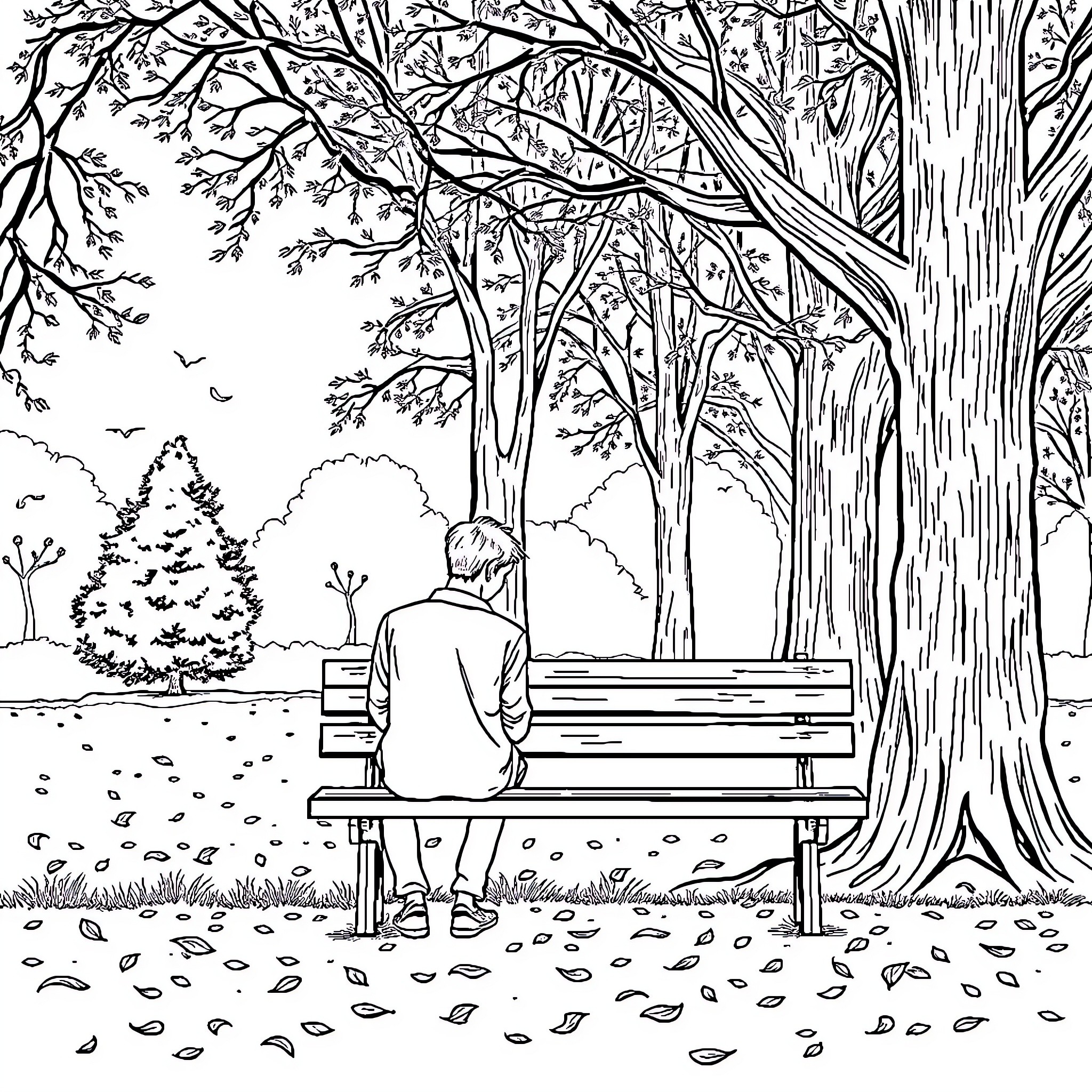 Man sitting alone on a bench in a tranquil park Coloring Page (free black-and-white line drawing printable PDF for all, from beginners to advanced learners, including children, teens, adults, and seniors)