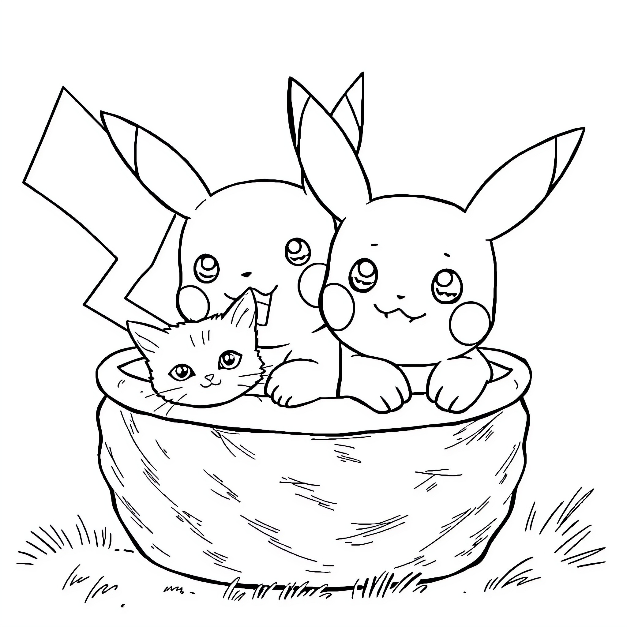 Pikachu and friends relaxing in a cozy basket Coloring Page (free black-and-white line drawing printable PDF for all, from beginners to advanced learners, including children, teens, adults, and seniors)