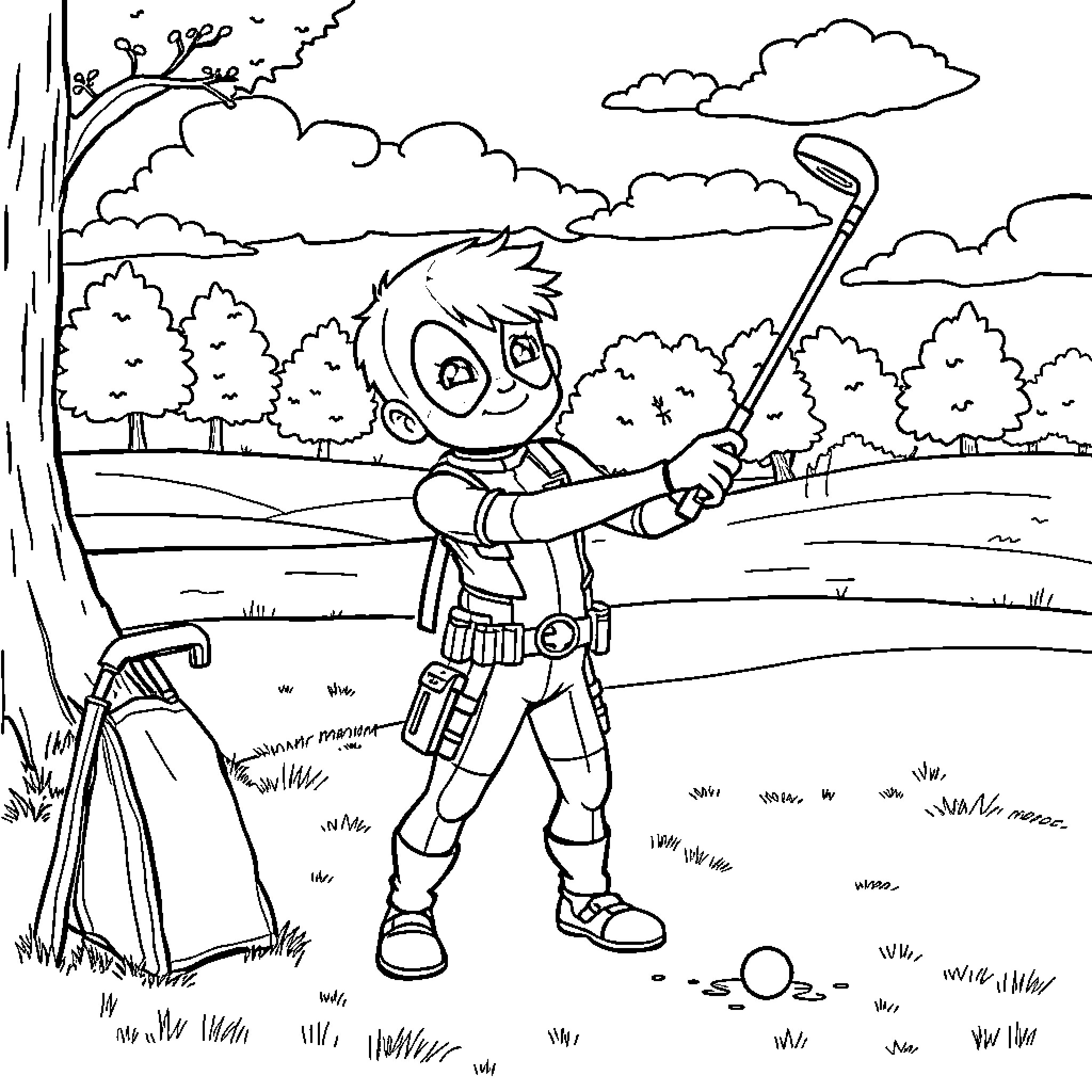 Deadpool Golfing in a Whimsical Outdoor Scene Coloring Page (free black-and-white line drawing printable PDF for all, from beginners to advanced learners, including children, teens, adults, and seniors)