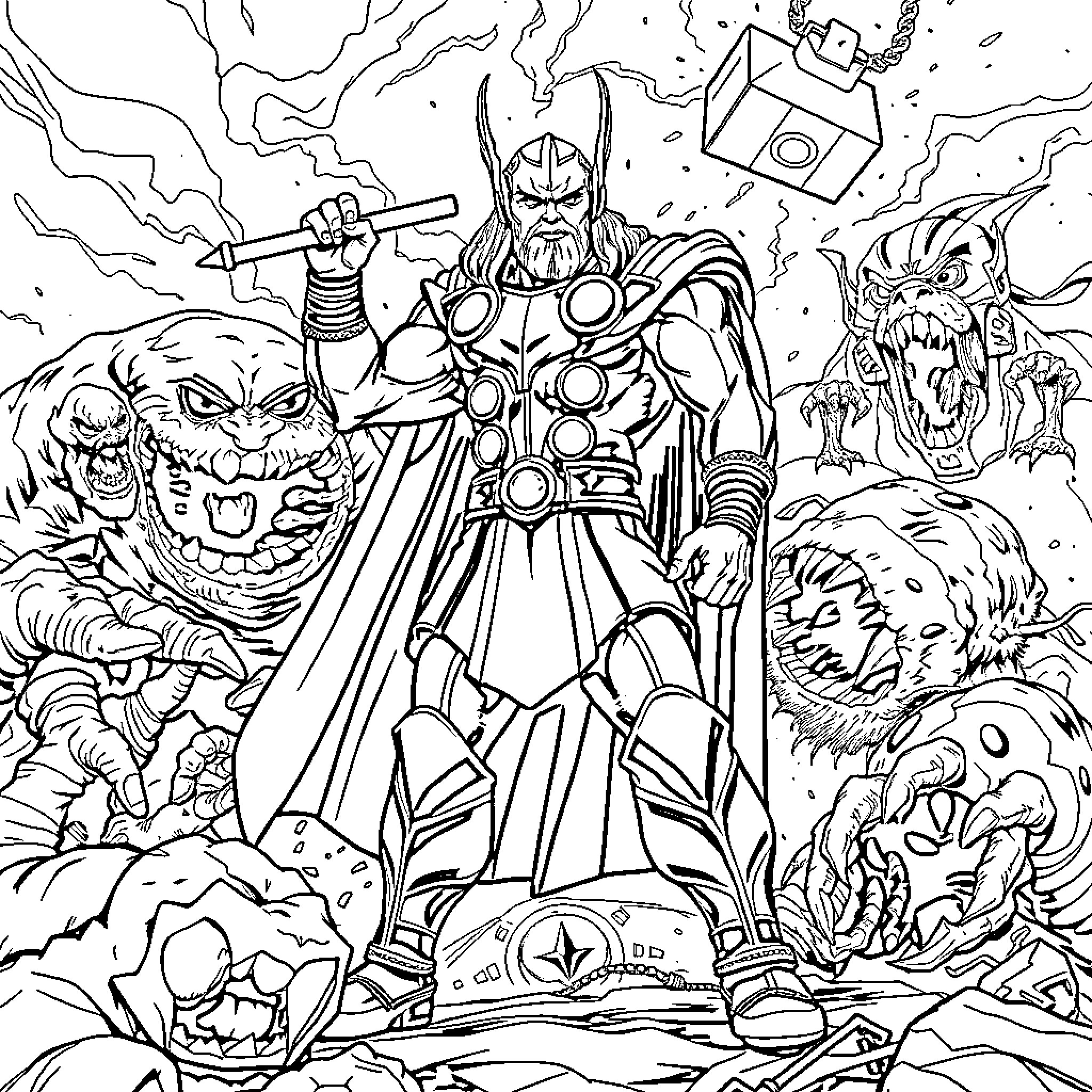 Thor Battles Fearsome Monsters and Wields Mighty Hammer Coloring Page (free black-and-white line drawing printable PDF for all, from beginners to advanced learners, including children, teens, adults, and seniors)
