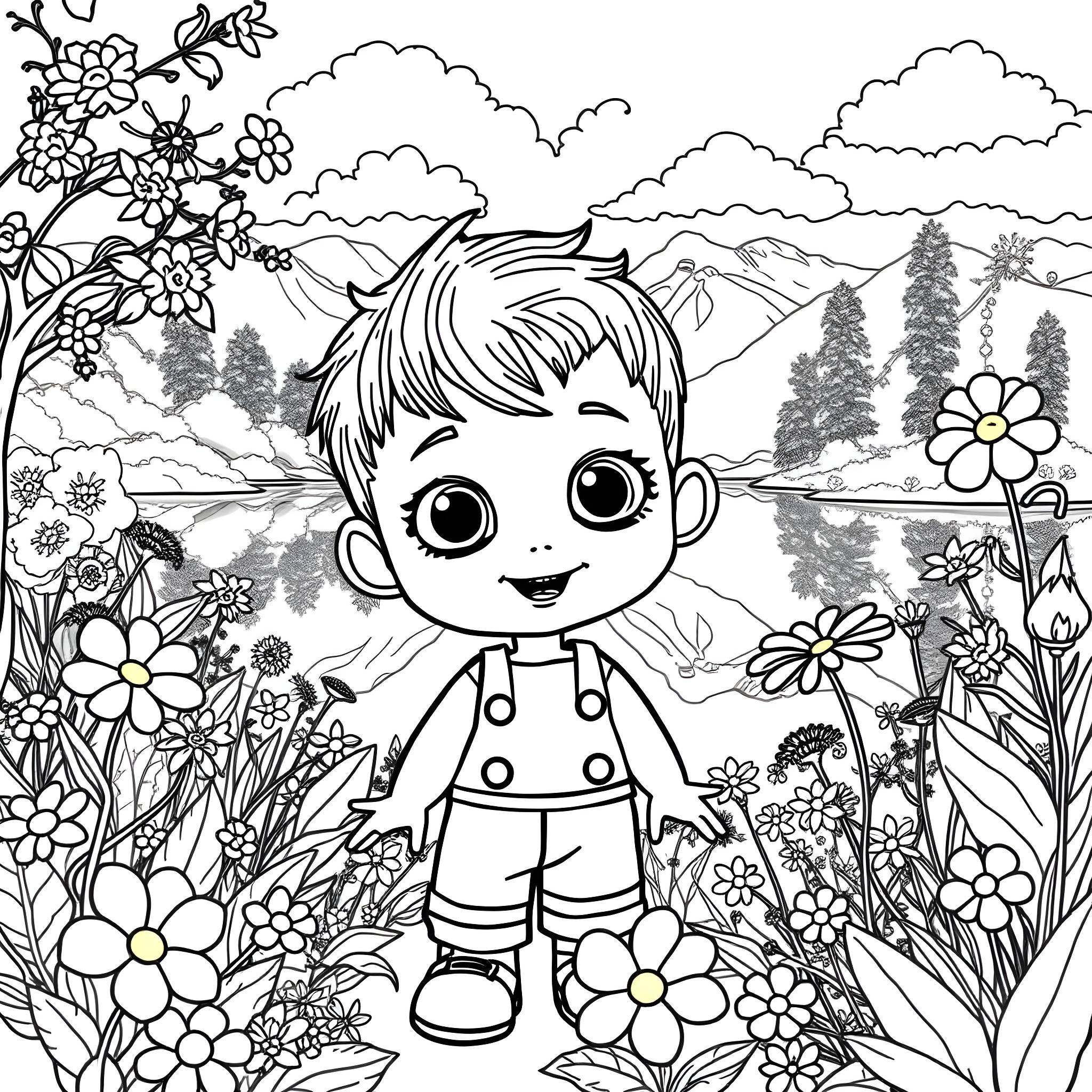 Boy Doll Exploring a Floral Wonderland Coloring Page (free black-and-white line drawing printable PDF for all, from beginners to advanced learners, including children, teens, adults, and seniors)