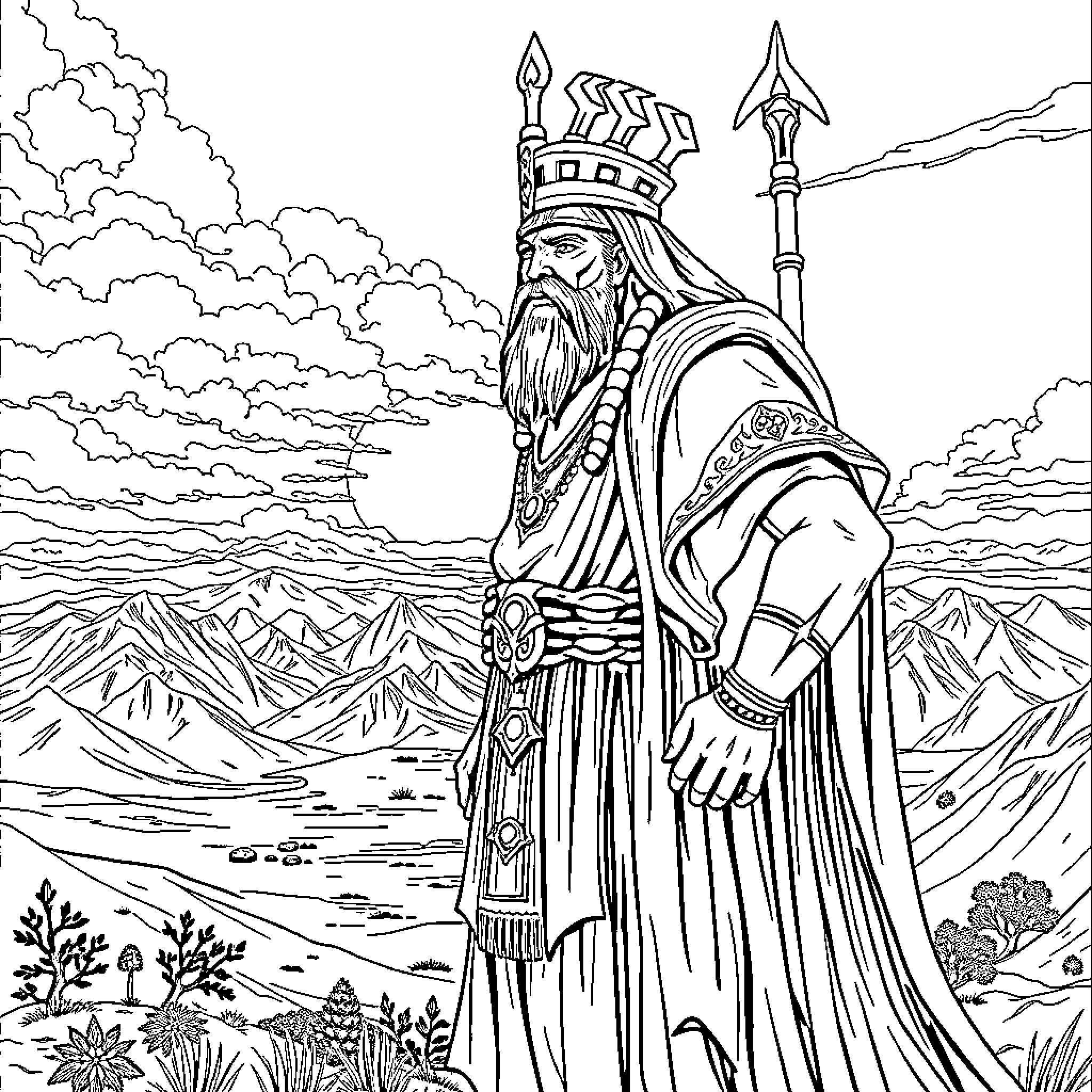 Khaldi, a Wise and Mighty Ruler in the Mountainous Landscape Coloring Page (free black-and-white line drawing printable PDF for all, from beginners to advanced learners, including children, teens, adults, and seniors)