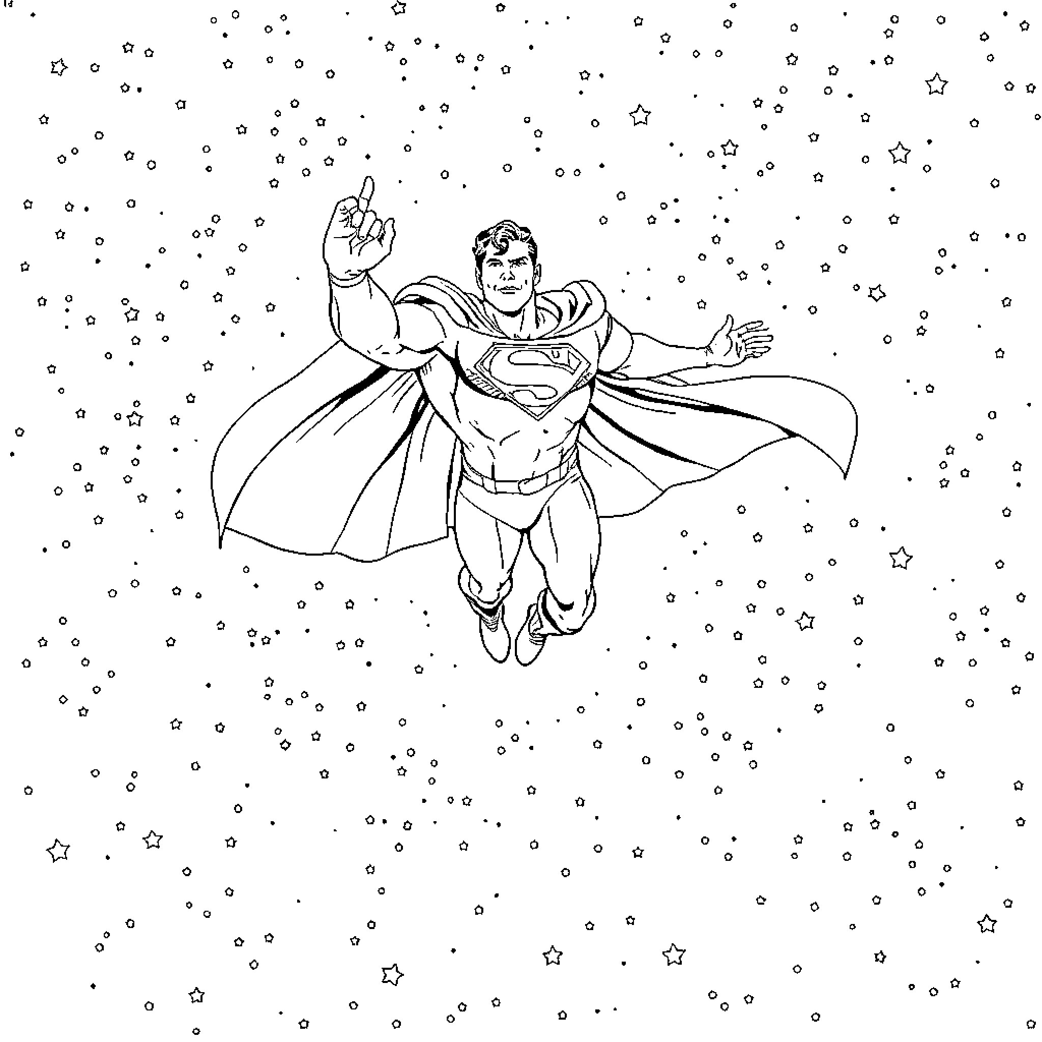 Superman soaring through the starry night sky Coloring Page (free black-and-white line drawing printable PDF for all, from beginners to advanced learners, including children, teens, adults, and seniors)