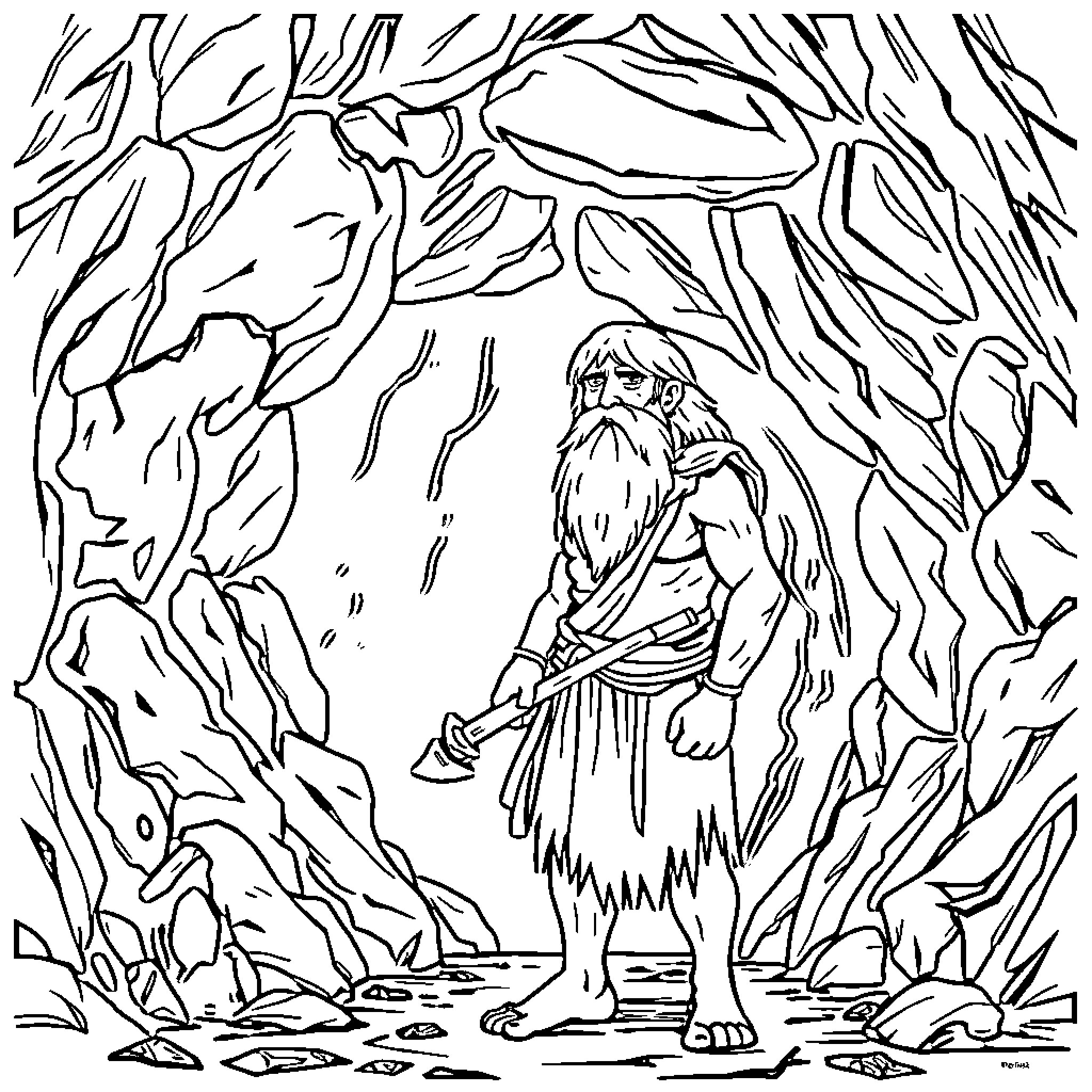 Cave Man Exploring Rugged Mountain Terrain Coloring Page (free black-and-white line drawing printable PDF for all, from beginners to advanced learners, including children, teens, adults, and seniors)