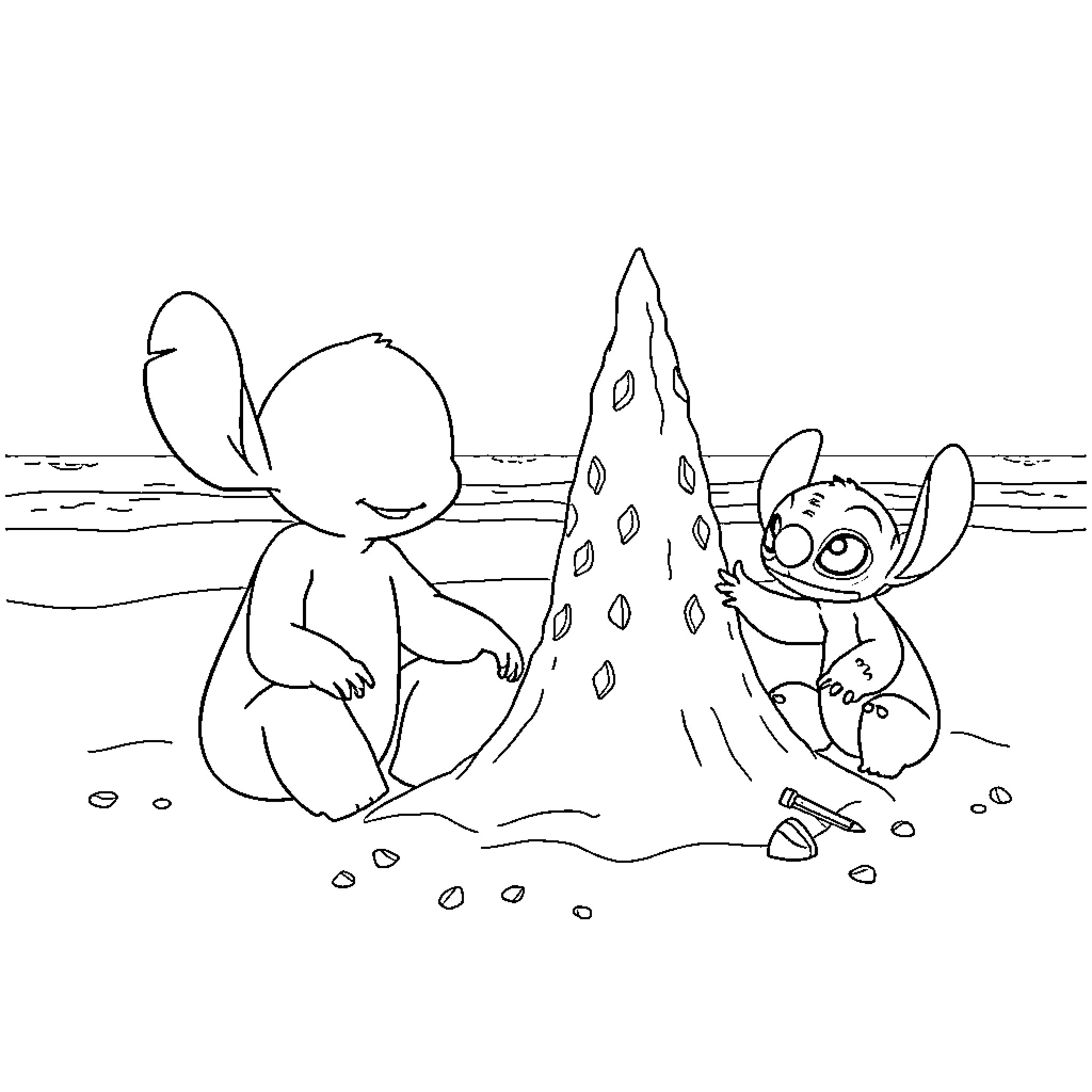 Bluey and Stitch Building a Sandcastle Coloring Page (free black-and-white line drawing printable PDF for all, from beginners to advanced learners, including children, teens, adults, and seniors)