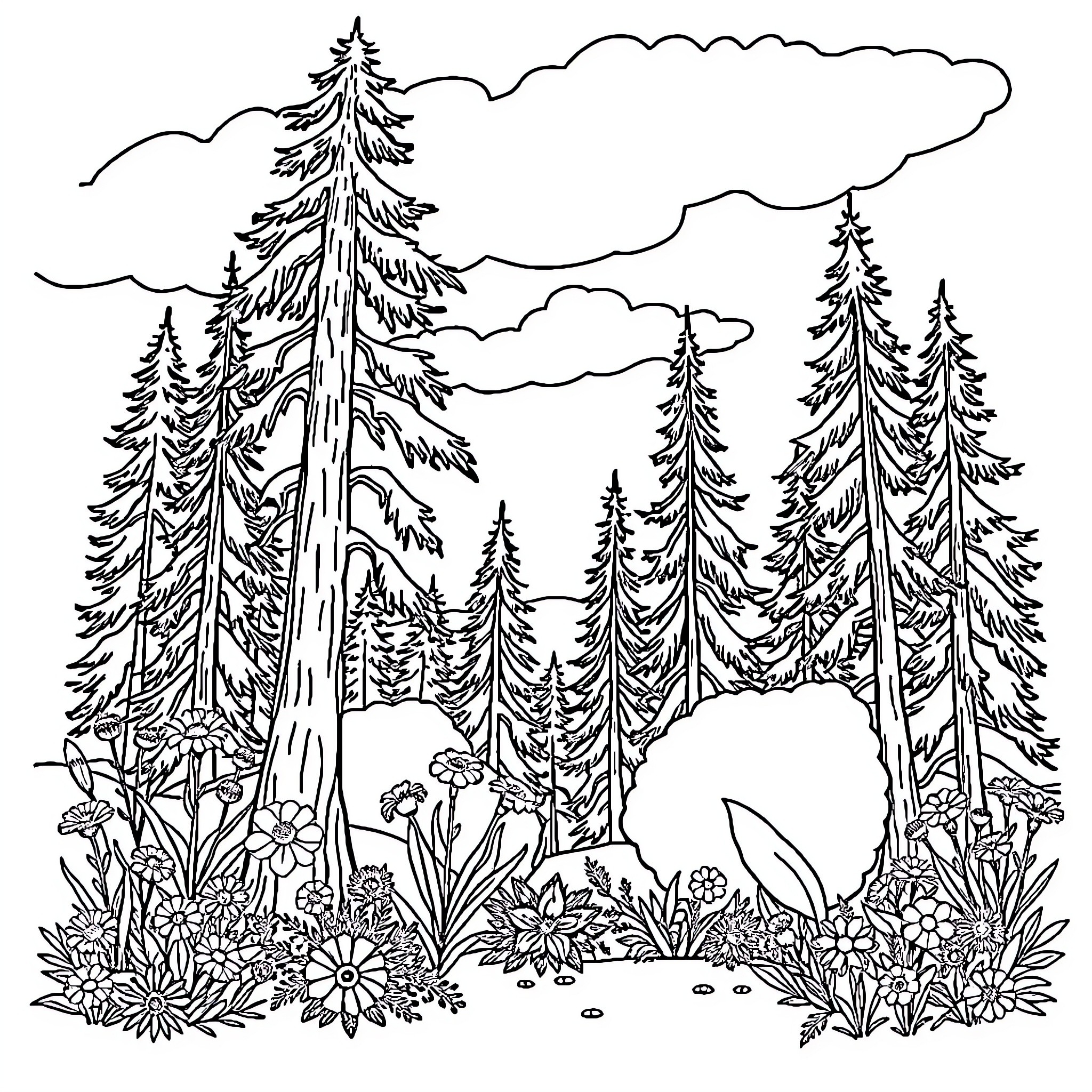 Nature's Tranquil Forest Landscape Coloring Page (free black-and-white line drawing printable PDF for all, from beginners to advanced learners, including children, teens, adults, and seniors)
