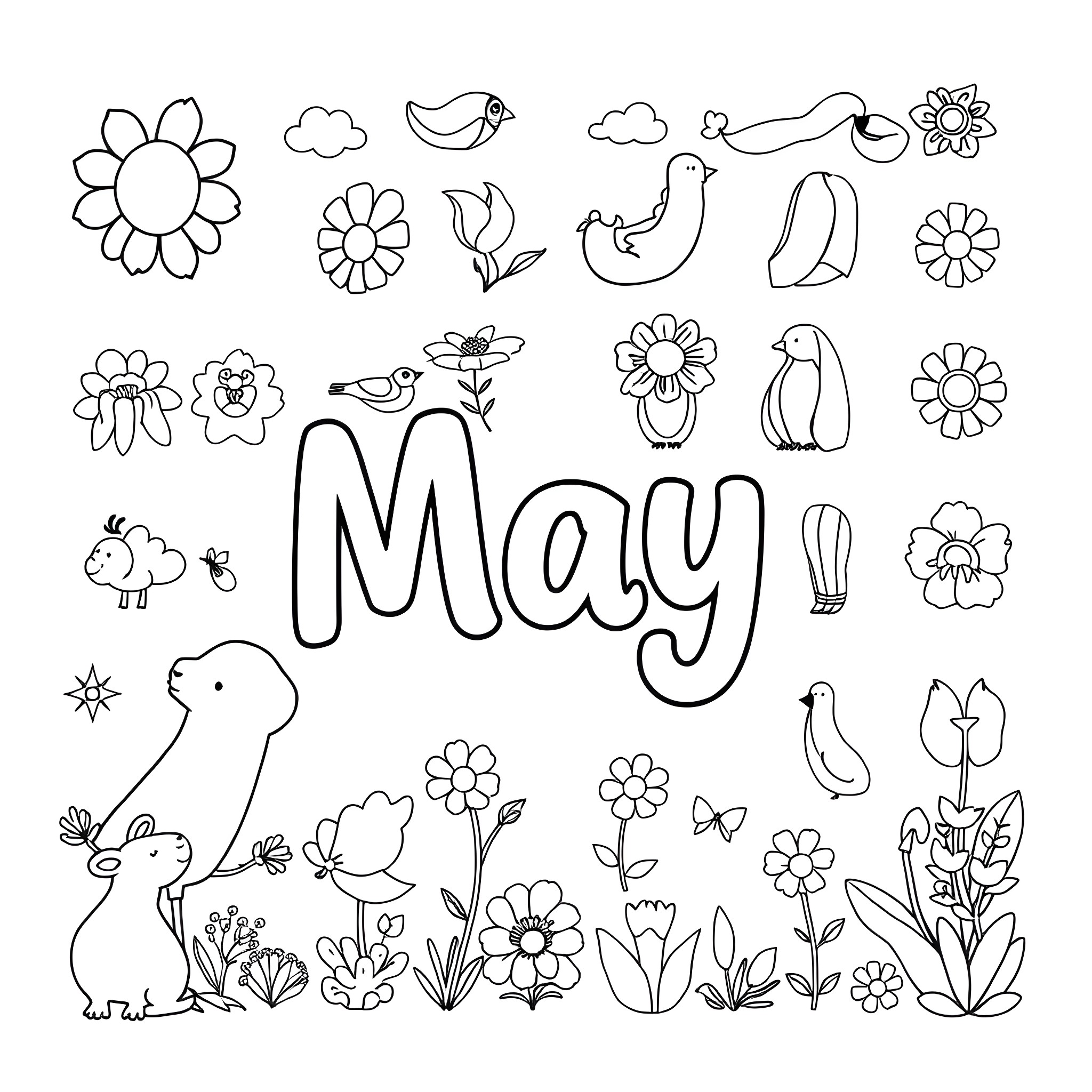 May flowers, birds, and plants in a garden Coloring Page (free black-and-white line drawing printable PDF for all, from beginners to advanced learners, including children, teens, adults, and seniors)