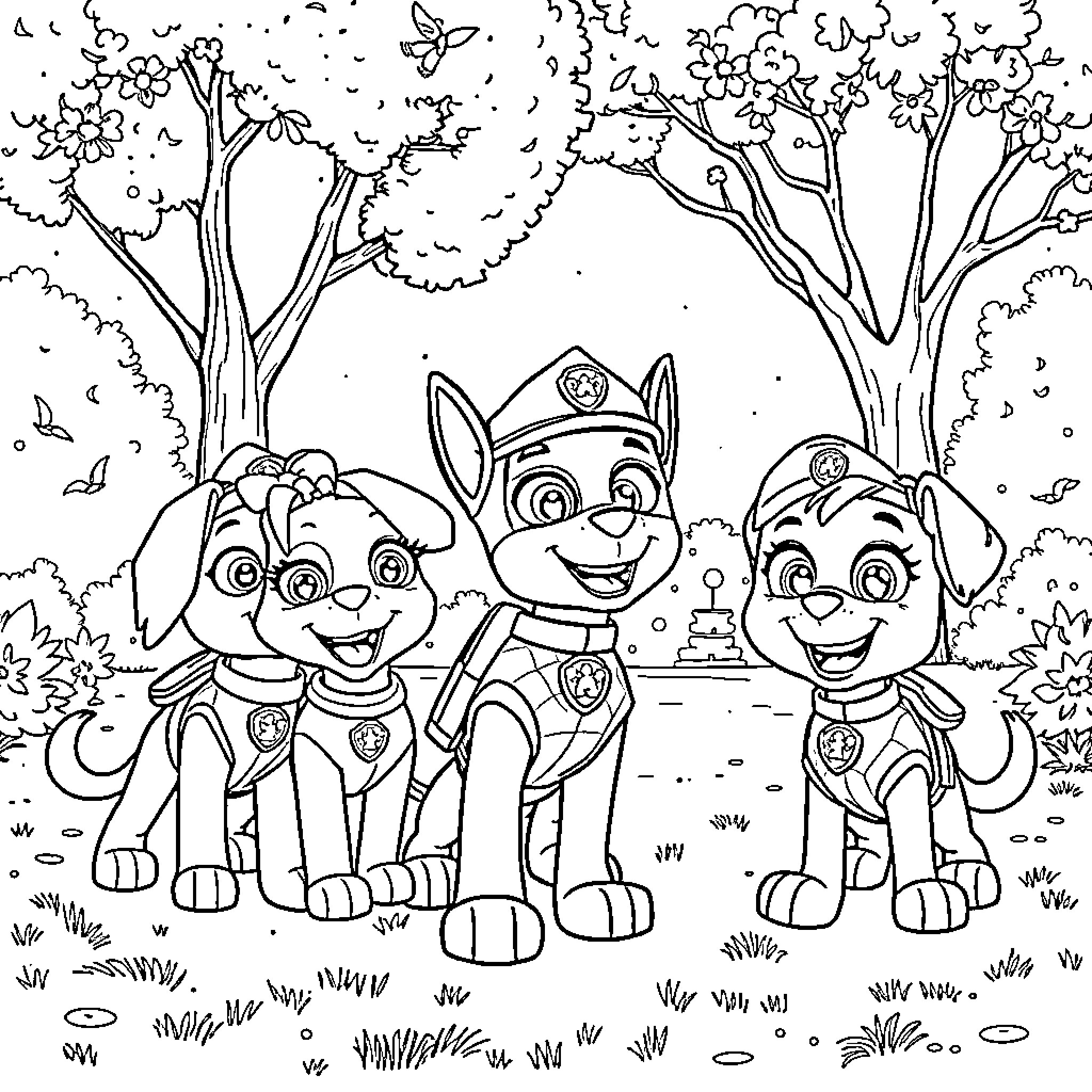Paw Patrol characters exploring the forest Coloring Page (free black-and-white line drawing printable PDF for all, from beginners to advanced learners, including children, teens, adults, and seniors)
