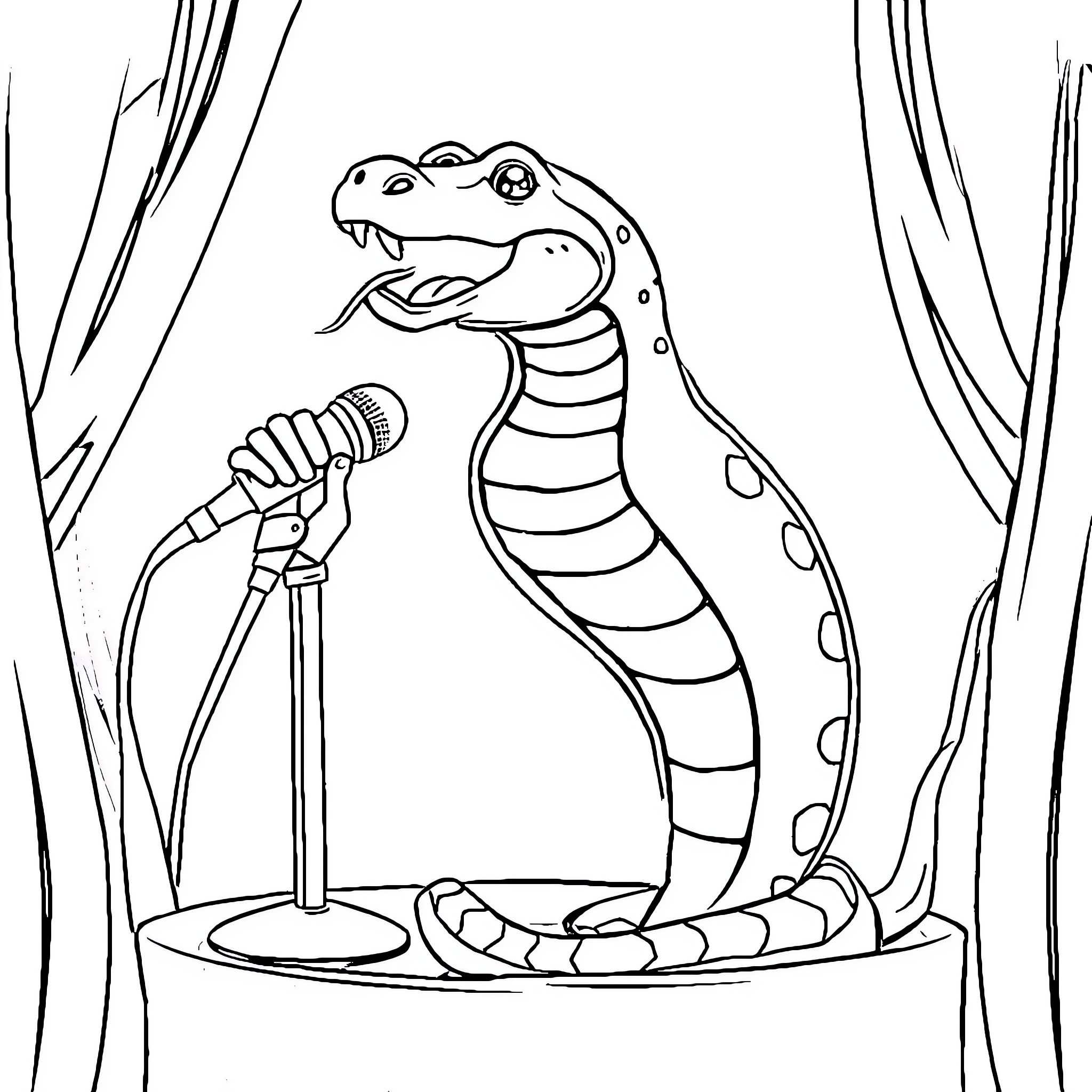 Snake performing on stage with microphone Coloring Page (free black-and-white line drawing printable PDF for all, from beginners to advanced learners, including children, teens, adults, and seniors)