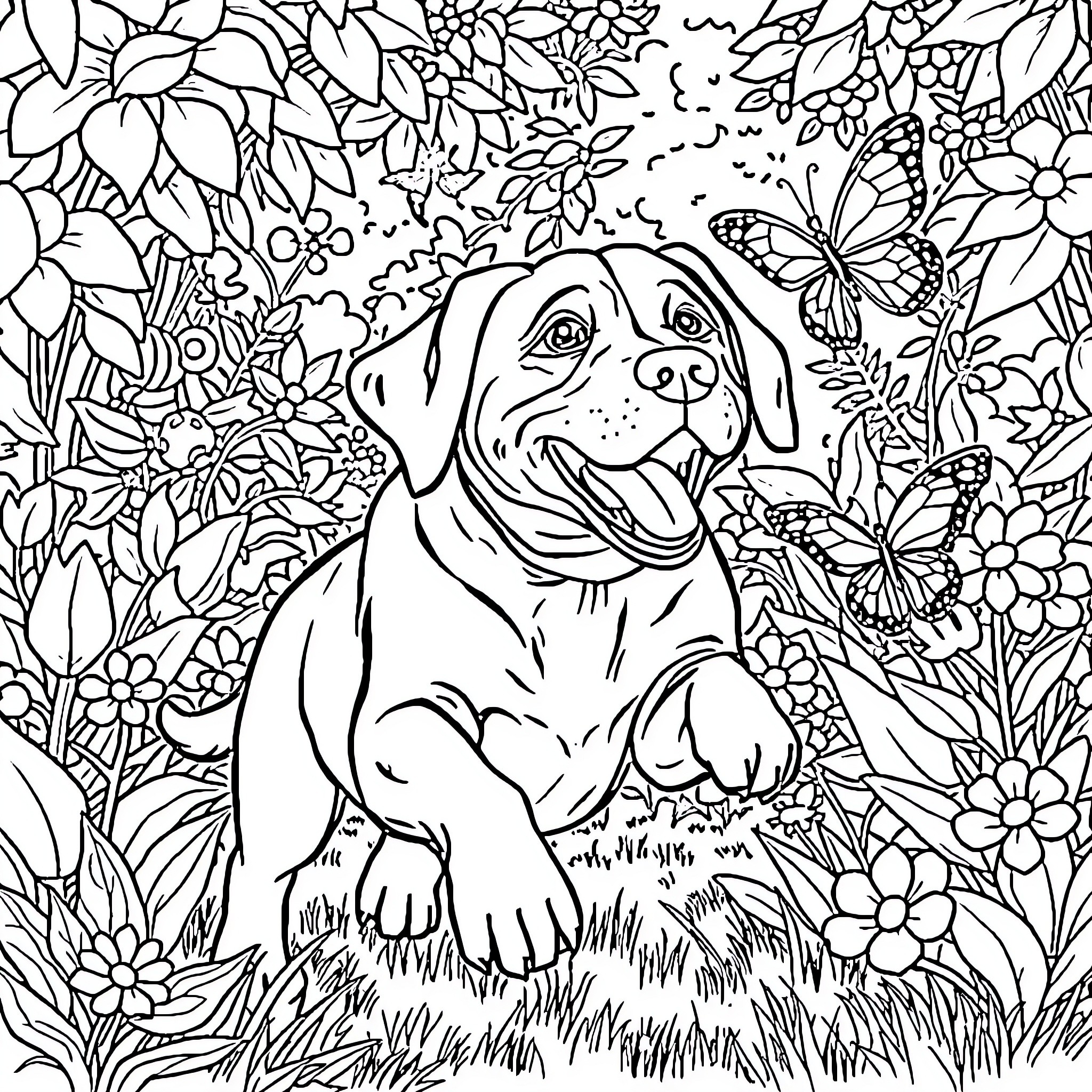 Labrador exploring a lush floral landscape Coloring Page (free black-and-white line drawing printable PDF for all, from beginners to advanced learners, including children, teens, adults, and seniors)