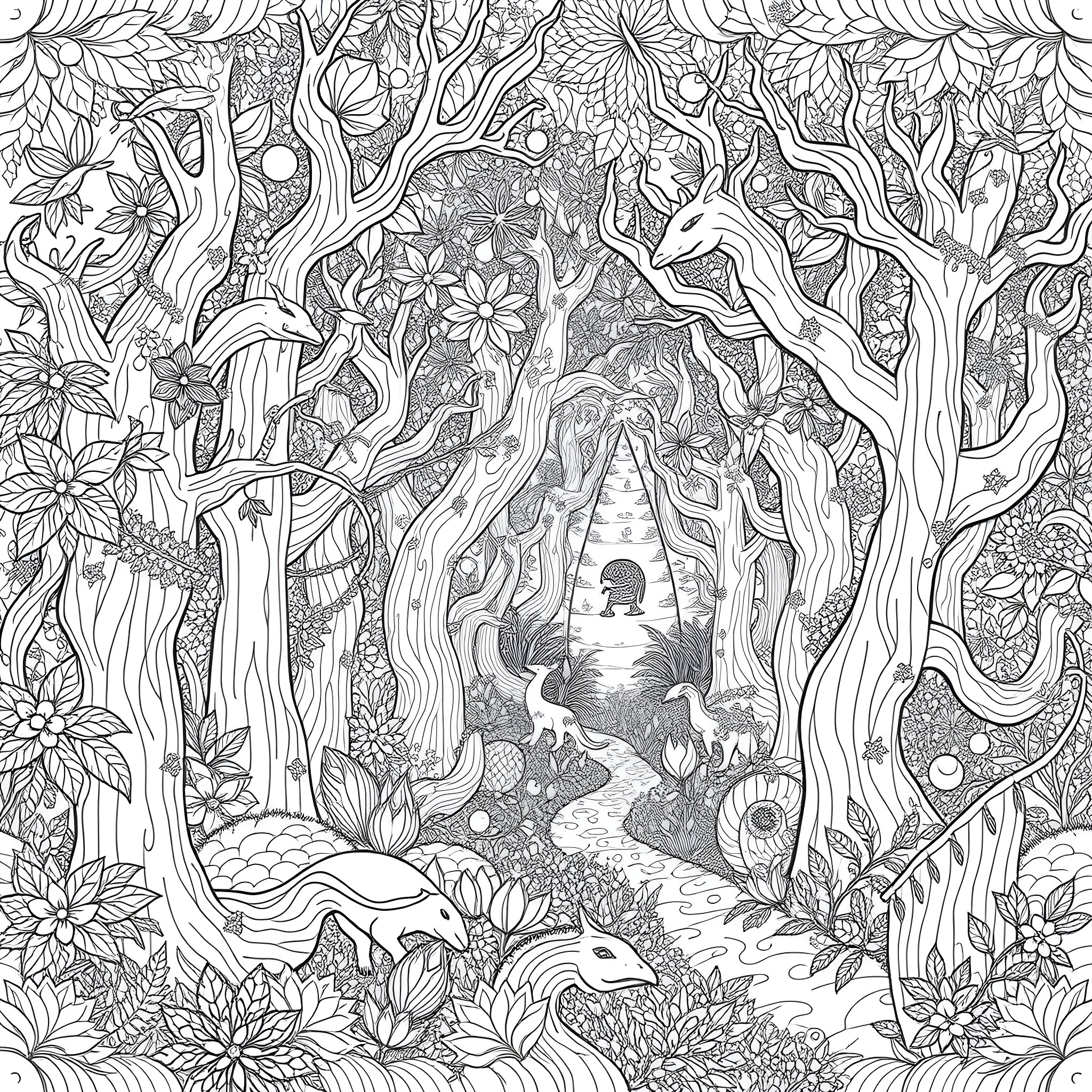 Forest Scenes with Mystical Creatures and Flowers Coloring Page (free black-and-white line drawing printable PDF for all, from beginners to advanced learners, including children, teens, adults, and seniors)