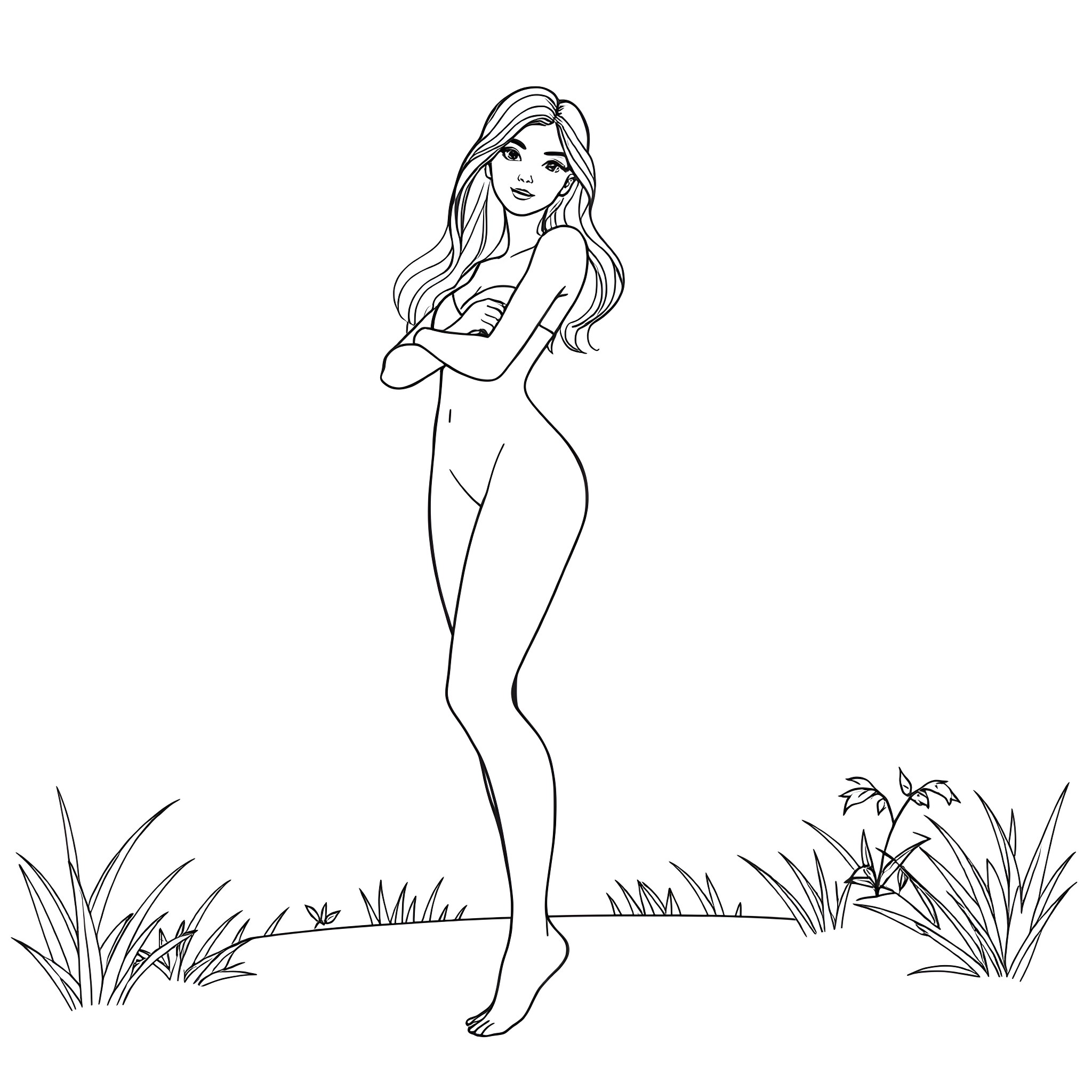 Teen girl standing confidently in nature Coloring Page (free black-and-white line drawing printable PDF for all, from beginners to advanced learners, including children, teens, adults, and seniors)