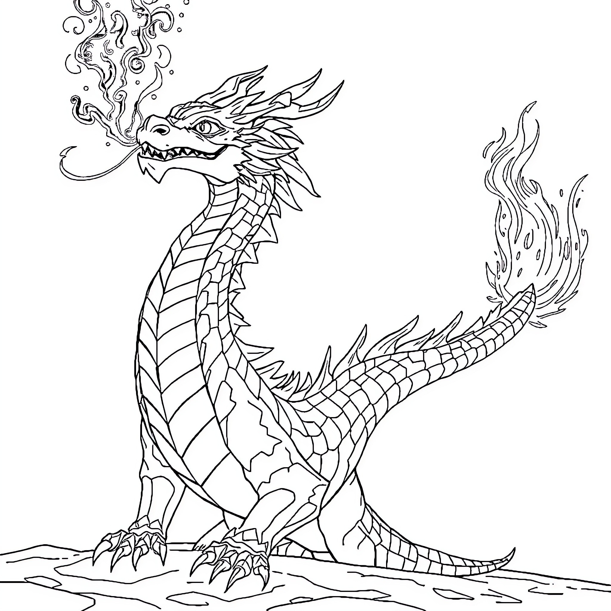 Dragon breathing fire in the wild Coloring Page (free black-and-white line drawing printable PDF for all, from beginners to advanced learners, including children, teens, adults, and seniors)