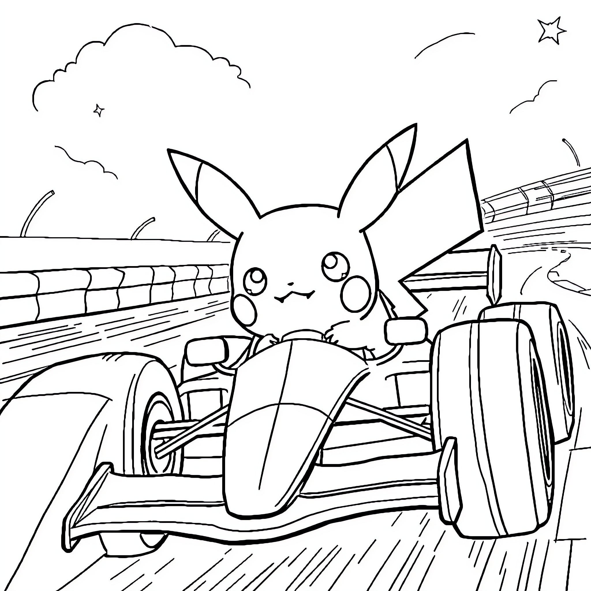 Pikachu racing in a high-speed vehicle Coloring Page (free black-and-white line drawing printable PDF for all, from beginners to advanced learners, including children, teens, adults, and seniors)