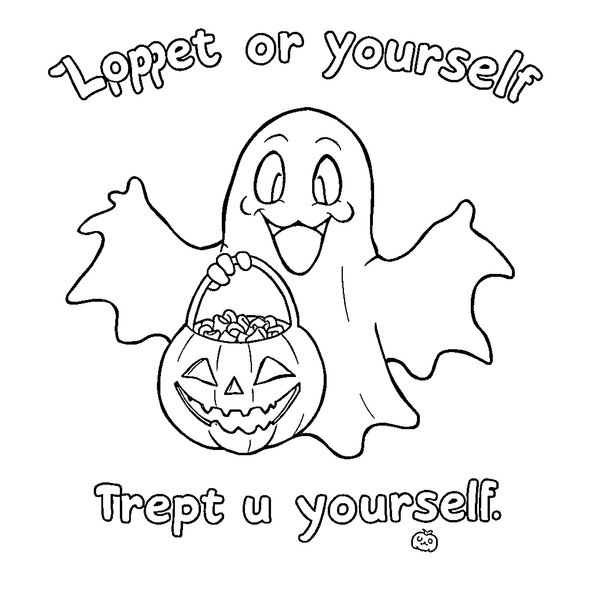 Ghost enjoying Halloween trick-or-treating Coloring Page (free black-and-white line drawing printable PDF for all, from beginners to advanced learners, including children, teens, adults, and seniors)