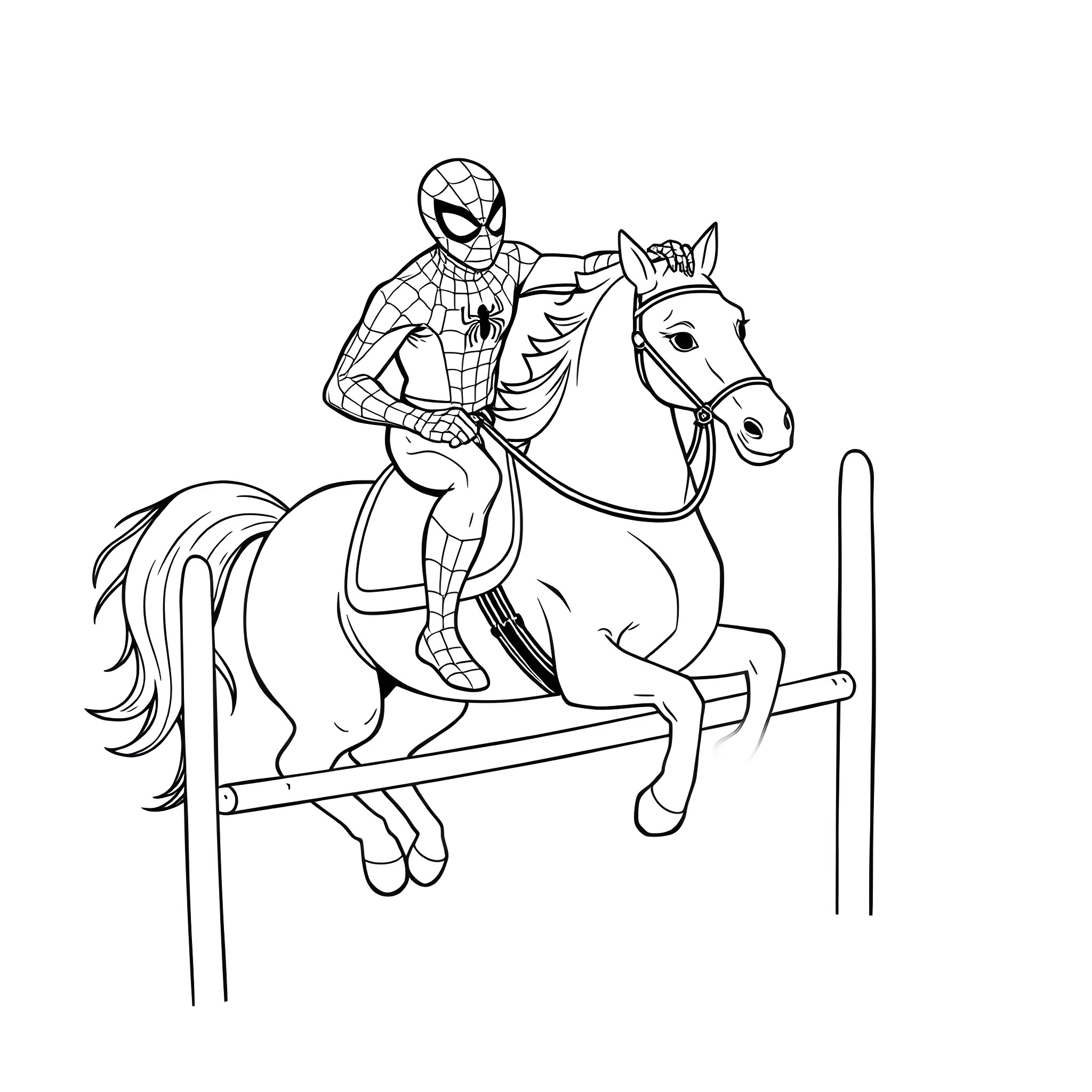 Spiderman riding a horse over an obstacle Coloring Page (free black-and-white line drawing printable PDF for all, from beginners to advanced learners, including children, teens, adults, and seniors)