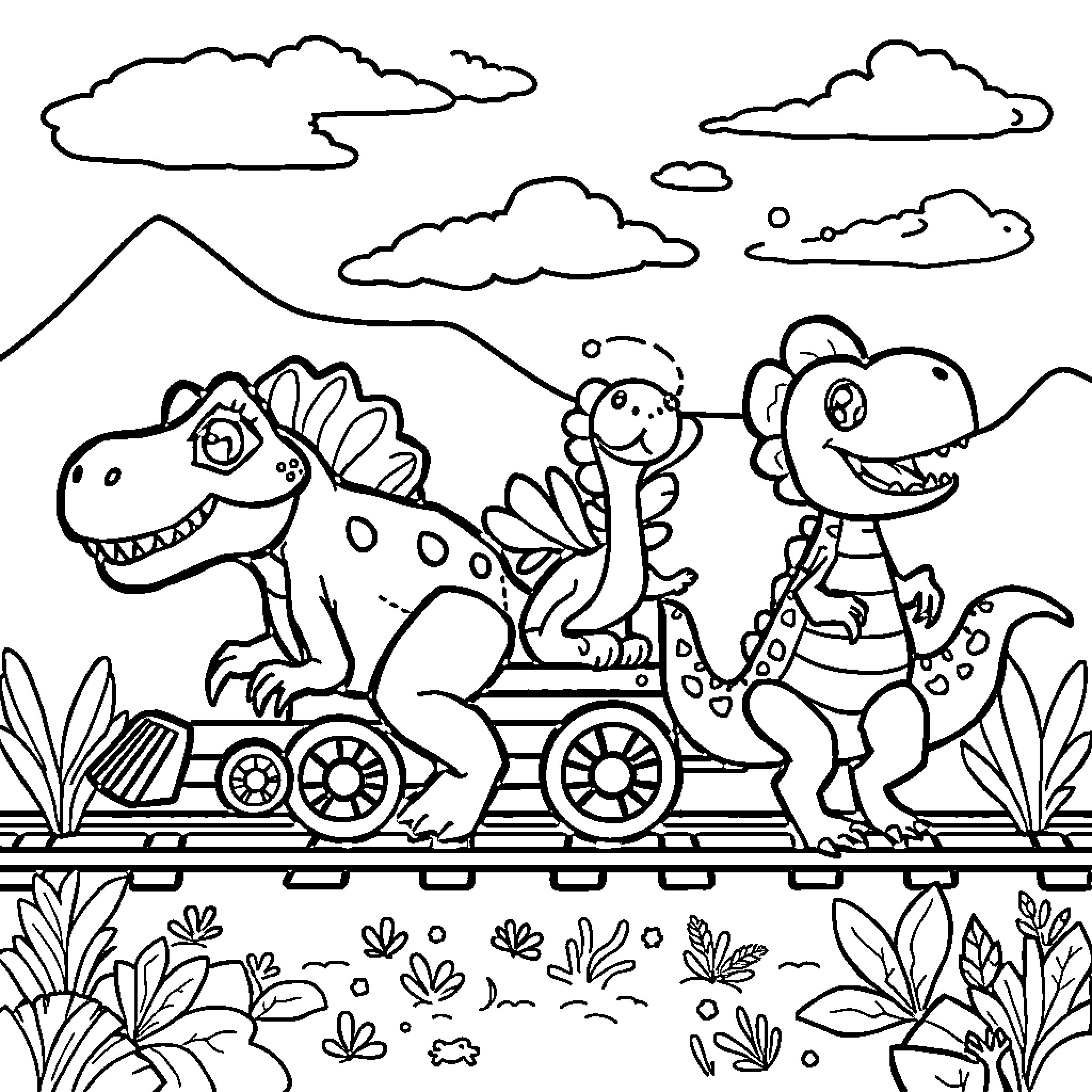 Dinosaurs riding on a wagon through the jungle Coloring Page (free black-and-white line drawing printable PDF for all, from beginners to advanced learners, including children, teens, adults, and seniors)