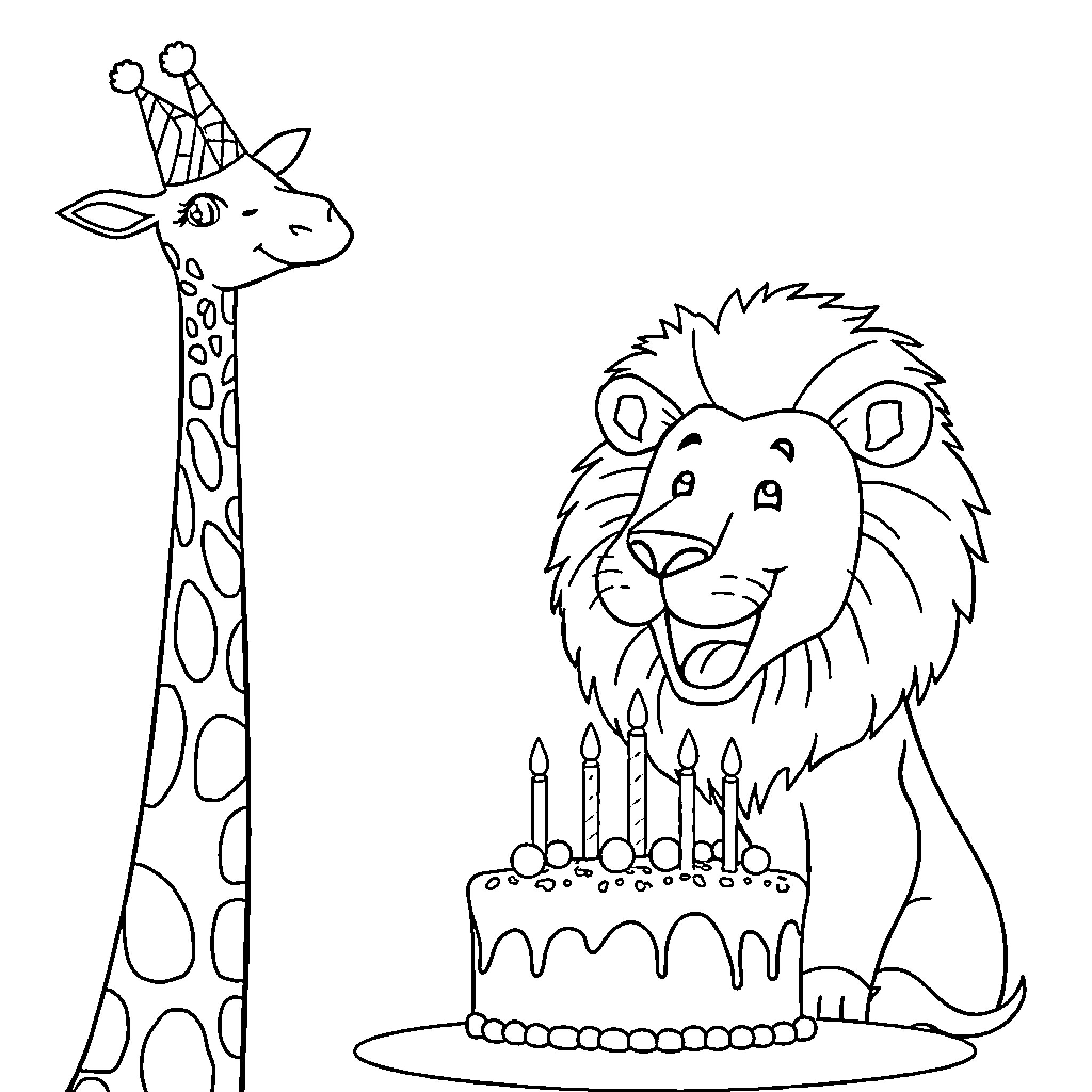 Giraffe and Lion Celebrating Birthday Coloring Page (free black-and-white line drawing printable PDF for all, from beginners to advanced learners, including children, teens, adults, and seniors)