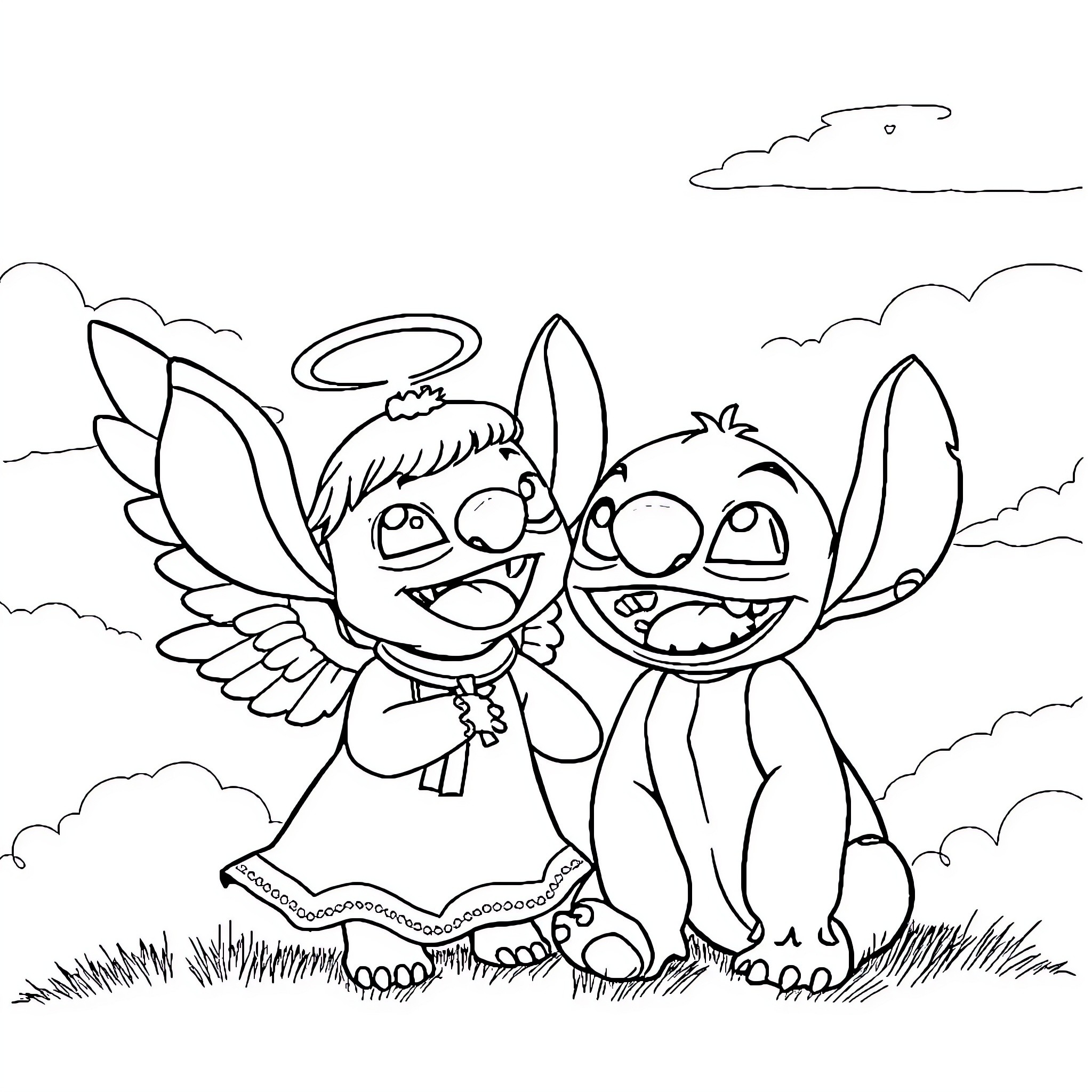 Stitch playing with angel in the clouds Coloring Page (free black-and-white line drawing printable PDF for all, from beginners to advanced learners, including children, teens, adults, and seniors)