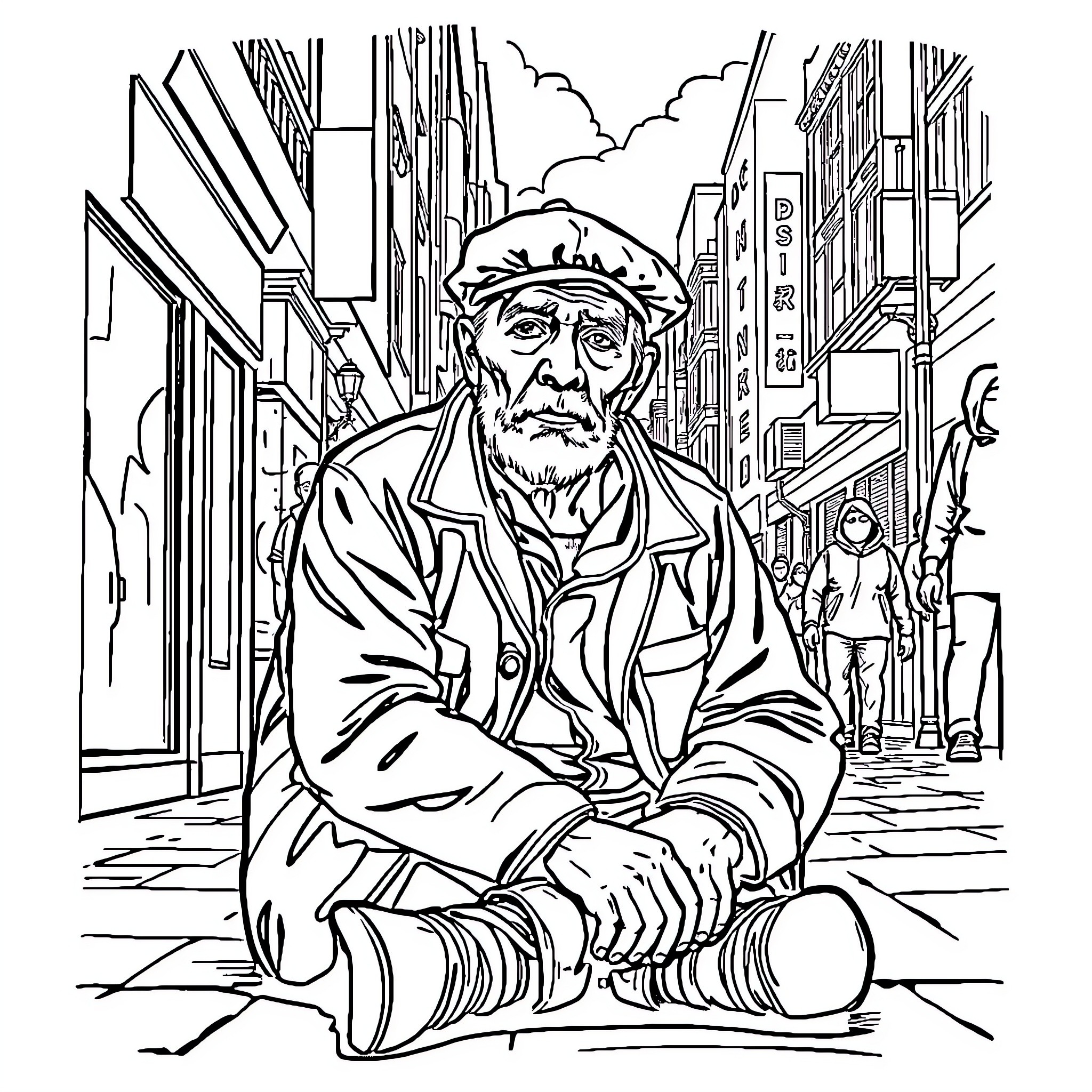 Man sitting on street in contemplative pose Coloring Page (free black-and-white line drawing printable PDF for all, from beginners to advanced learners, including children, teens, adults, and seniors)
