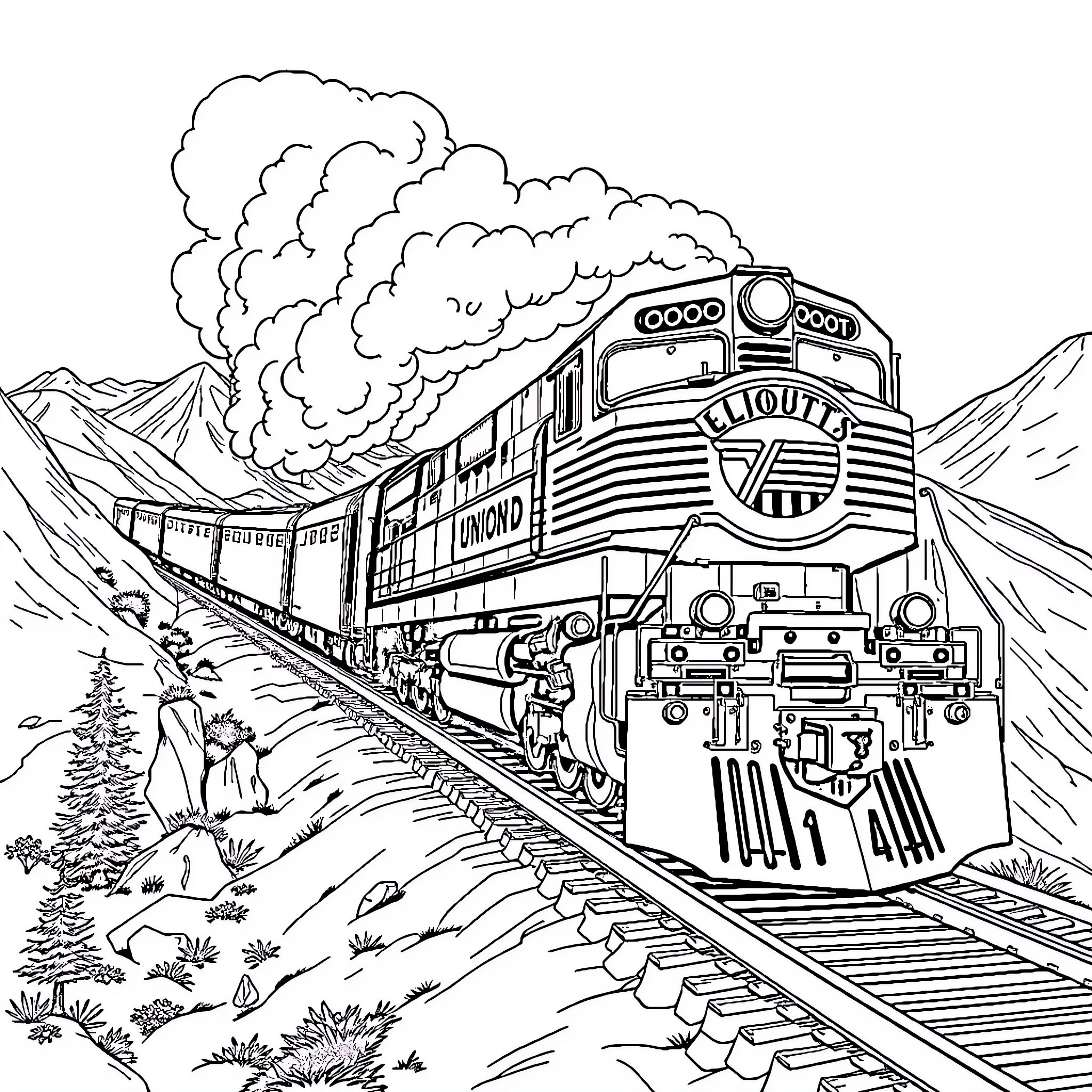 Locomotive chugging through scenic mountain landscape Coloring Page (free black-and-white line drawing printable PDF for all, from beginners to advanced learners, including children, teens, adults, and seniors)