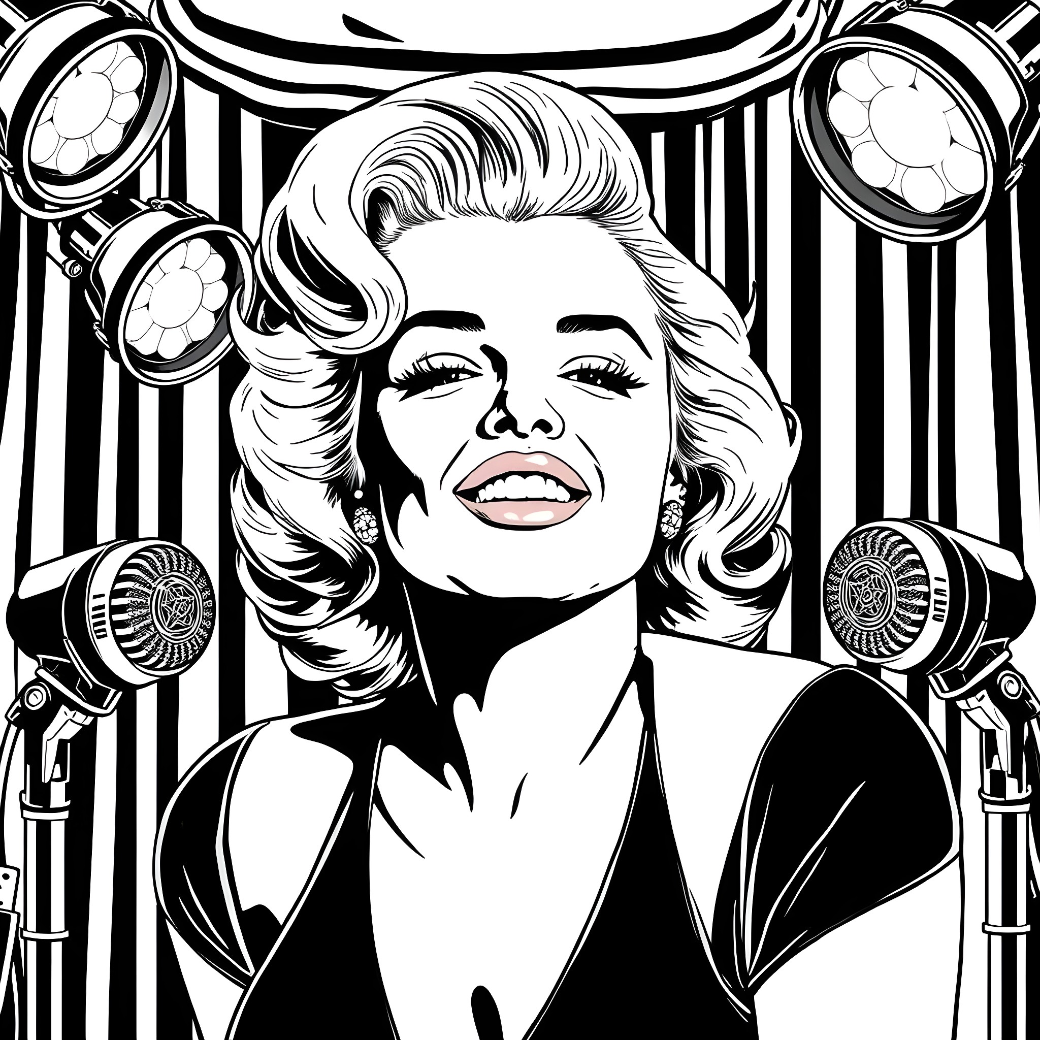 Marilyn Monroe's Iconic Smile and Style Coloring Page (free black-and-white line drawing printable PDF for all, from beginners to advanced learners, including children, teens, adults, and seniors)