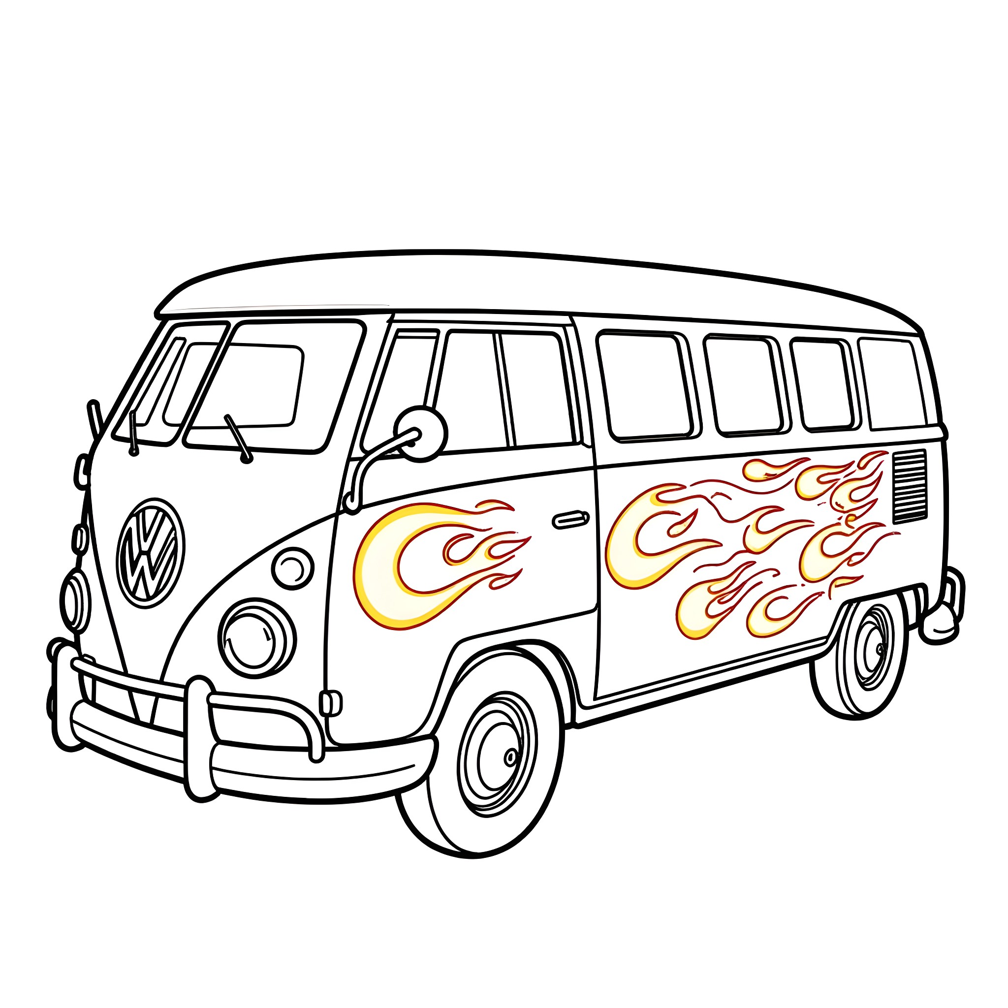 Volkswagen Bus with Retro Flame Decals Coloring Page (free black-and-white line drawing printable PDF for all, from beginners to advanced learners, including children, teens, adults, and seniors)