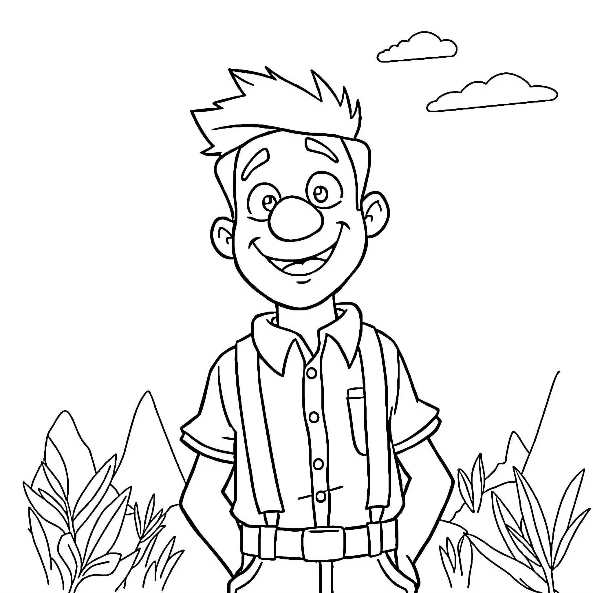 Blippi Explores the Outdoors with a Smile Coloring Page (free black-and-white line drawing printable PDF for all, from beginners to advanced learners, including children, teens, adults, and seniors)