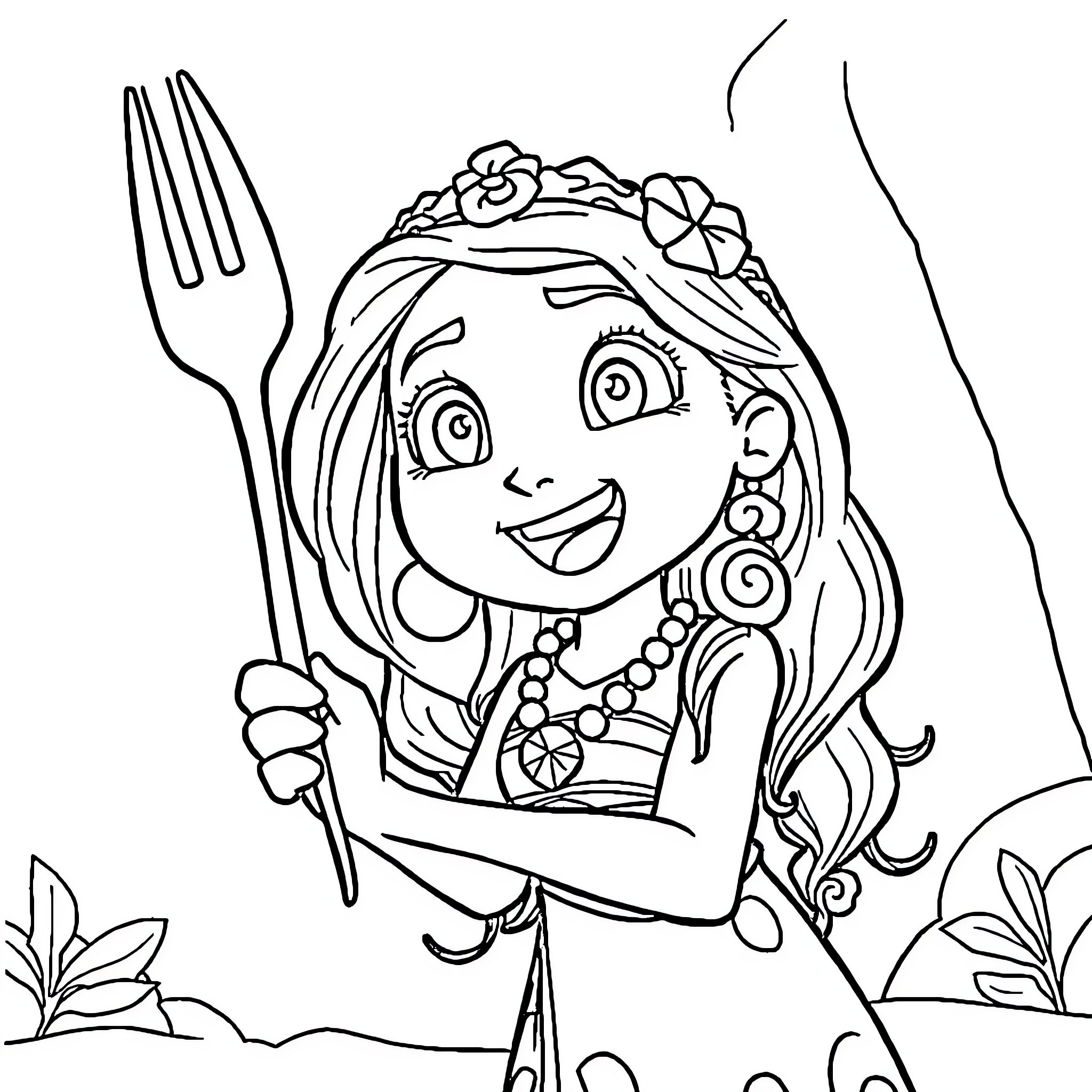Moana enjoying a meal with fork in hand Coloring Page (free black-and-white line drawing printable PDF for all, from beginners to advanced learners, including children, teens, adults, and seniors)