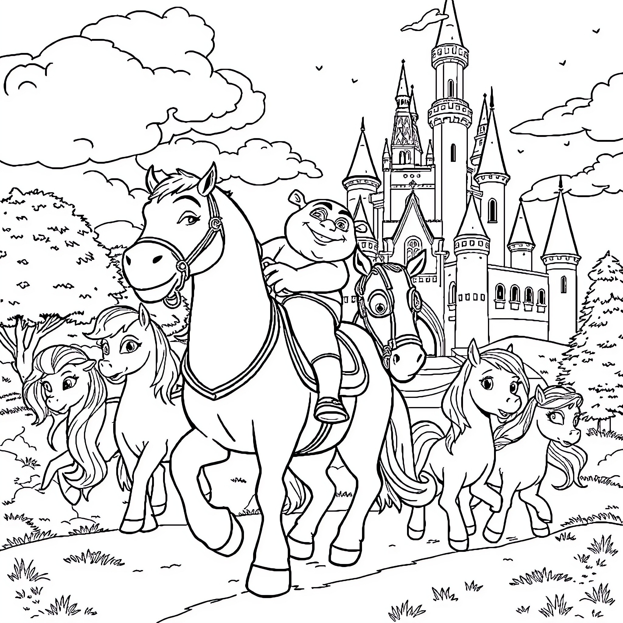 Gru and his animal companions explore a magical castle Coloring Page (free black-and-white line drawing printable PDF for all, from beginners to advanced learners, including children, teens, adults, and seniors)