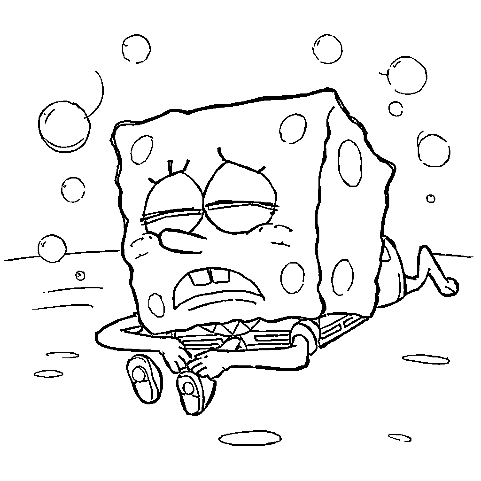 Spongebob in underwater trouble Coloring Page (free black-and-white line drawing printable PDF for all, from beginners to advanced learners, including children, teens, adults, and seniors)