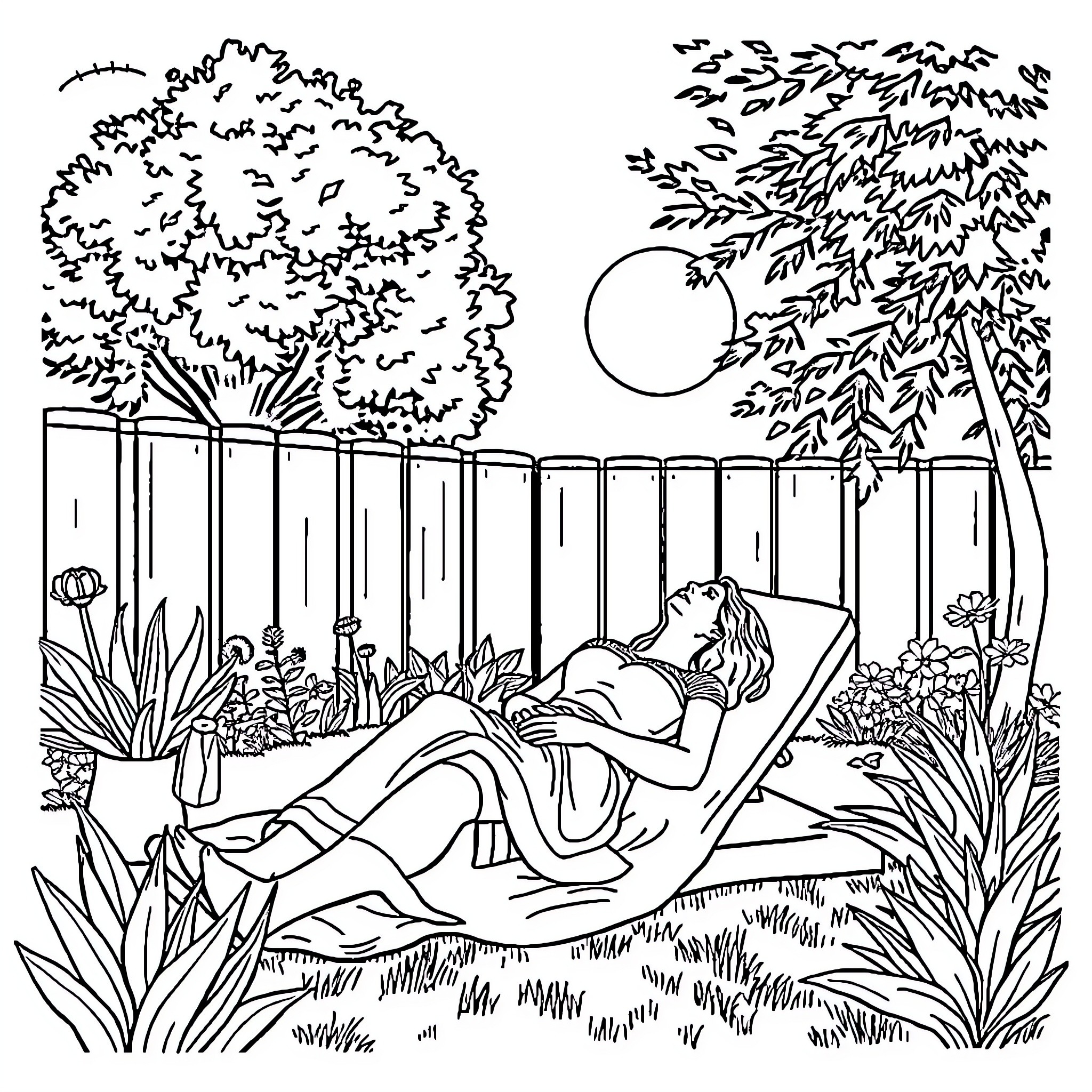Mum relaxing in the garden under the moonlight Coloring Page (free black-and-white line drawing printable PDF for all, from beginners to advanced learners, including children, teens, adults, and seniors)