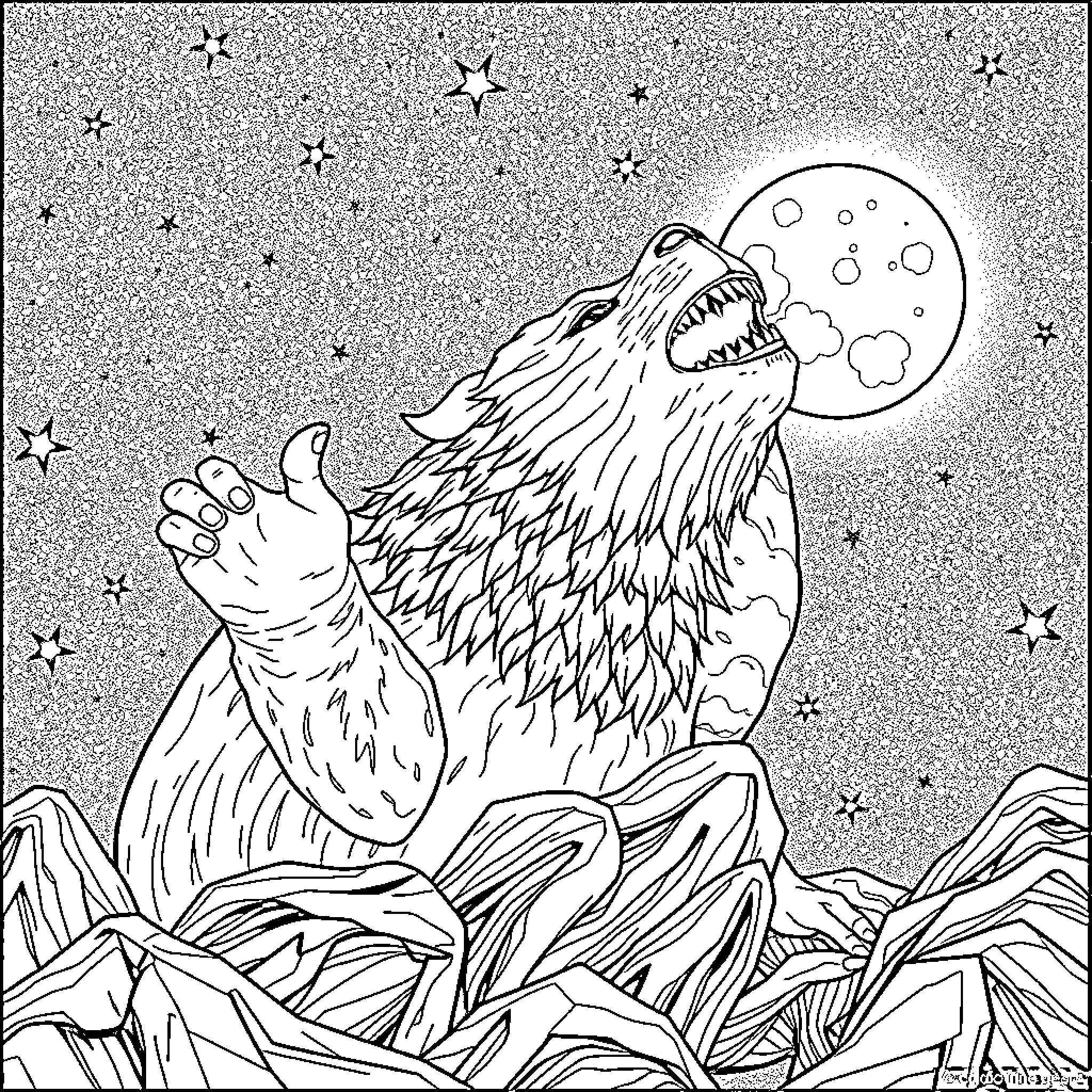 Hombre Lobo howling at the moon in the starry night Coloring Page (free black-and-white line drawing printable PDF for all, from beginners to advanced learners, including children, teens, adults, and seniors)