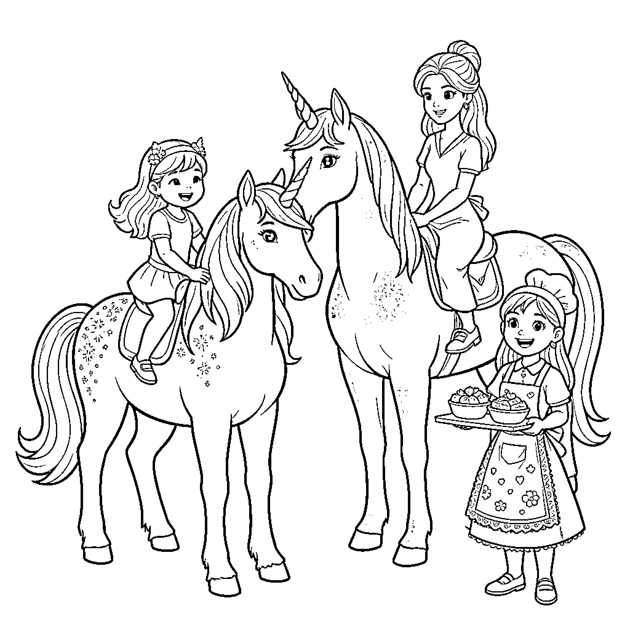 Unicorn Princesses Enjoying a Joyful Gathering Coloring Page (free black-and-white line drawing printable PDF for all, from beginners to advanced learners, including children, teens, adults, and seniors)